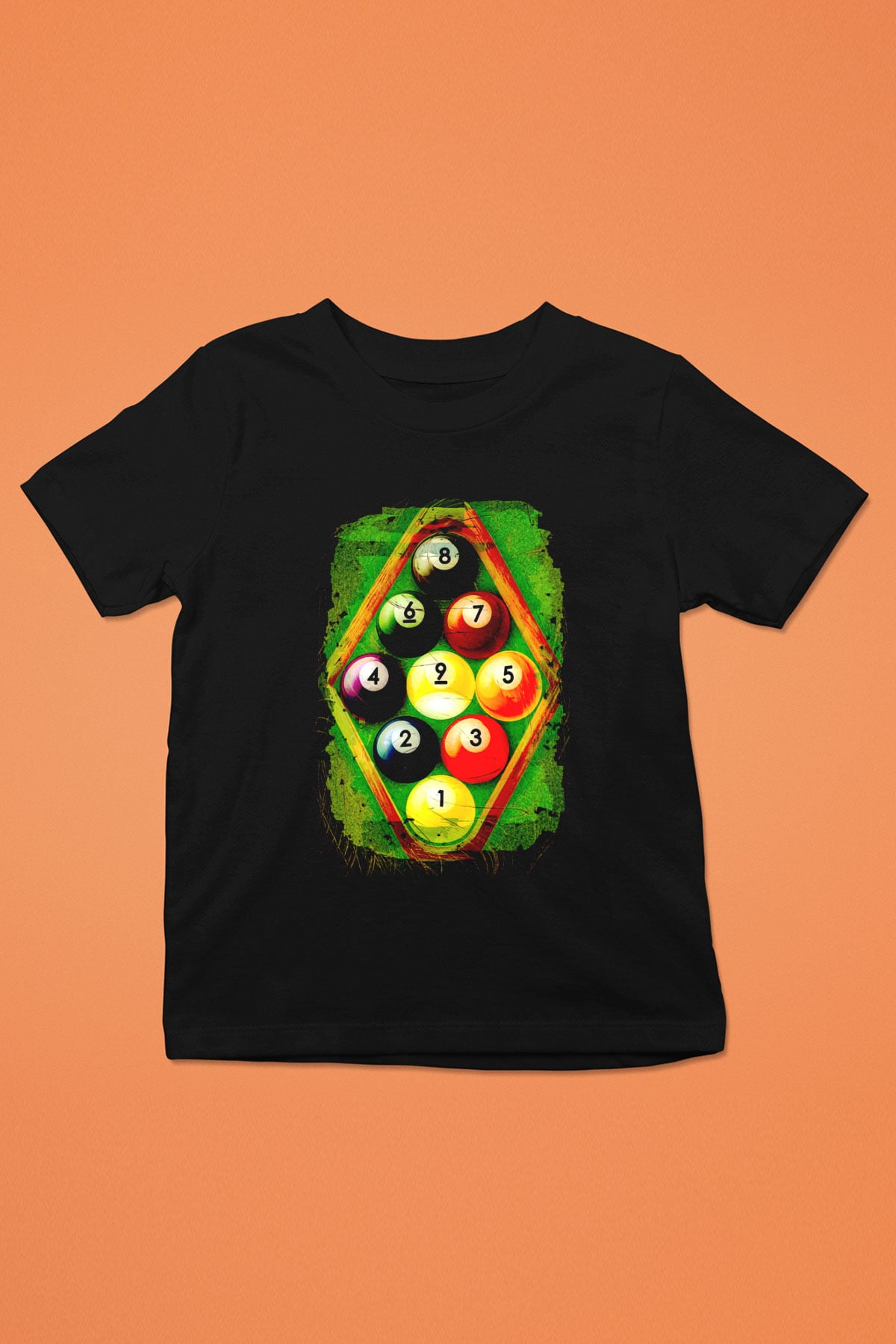Bilardo Baskılı Siyah Unisex Çocuk Tişört