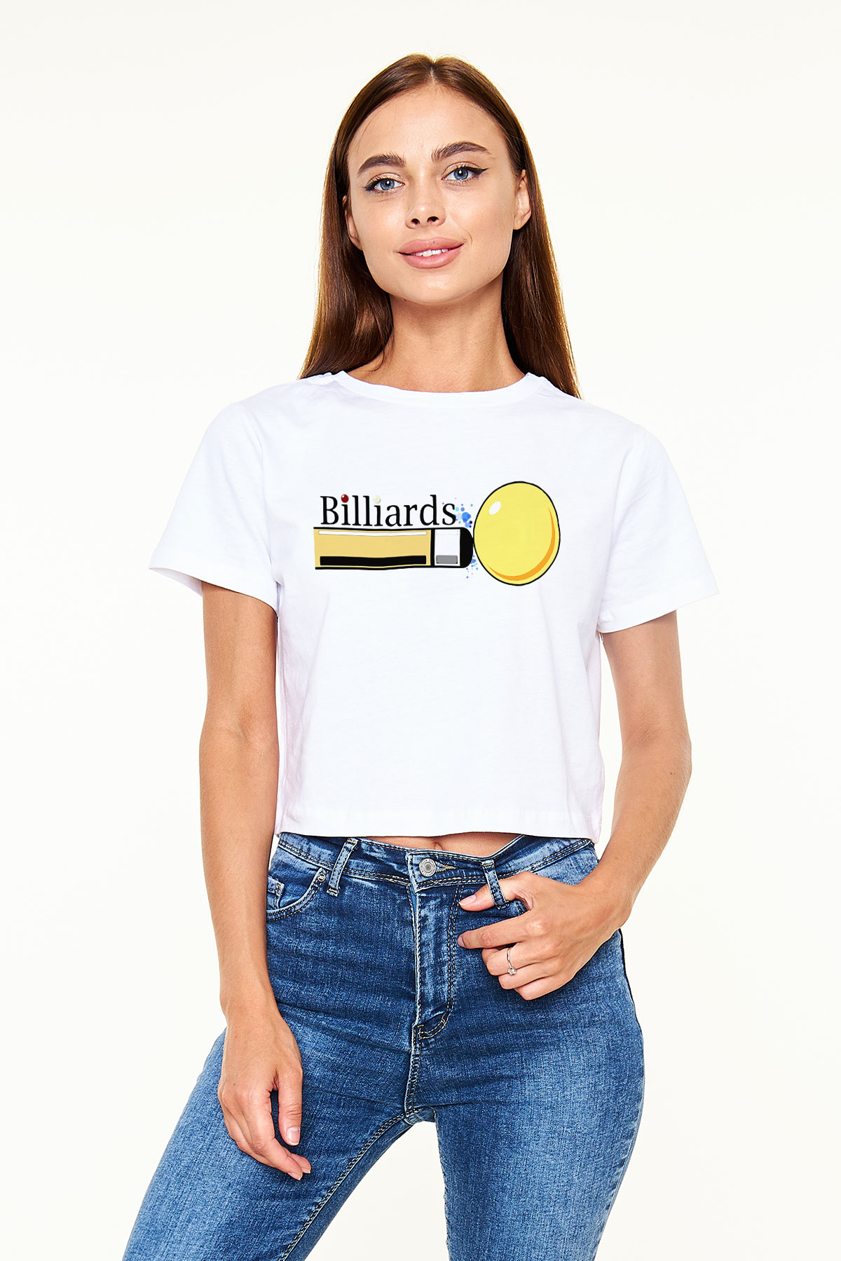 Bilardo Beyaz Croptop Tişört