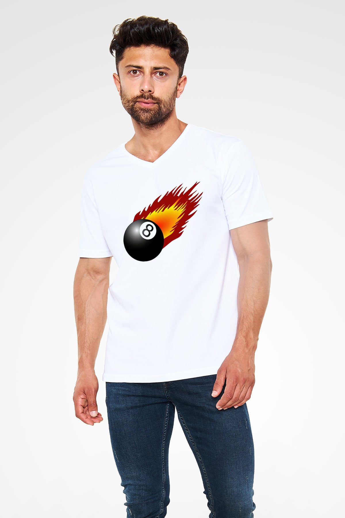 Bilardo Beyaz Unisex V Yaka Tişört