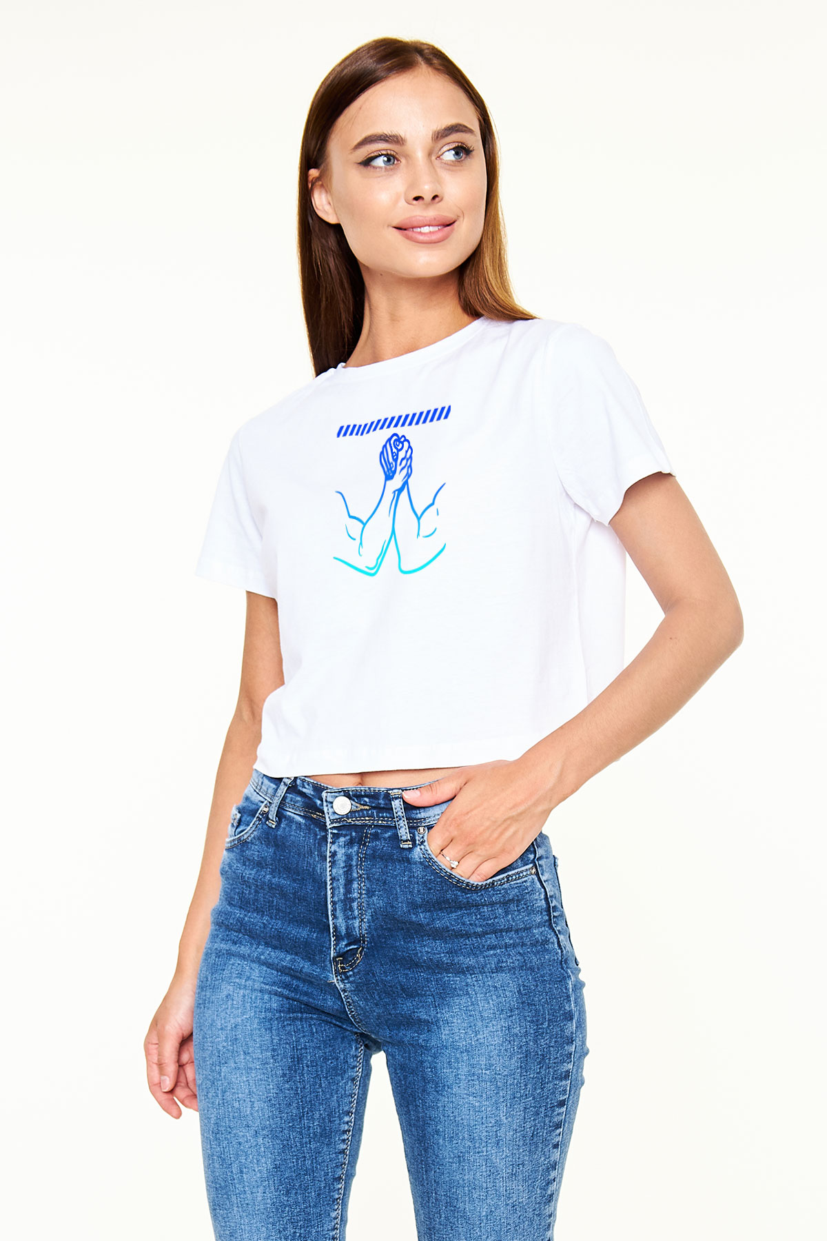 Bilek Güreşi Baskılı Crop Top Beyaz Tişört - T-shirt