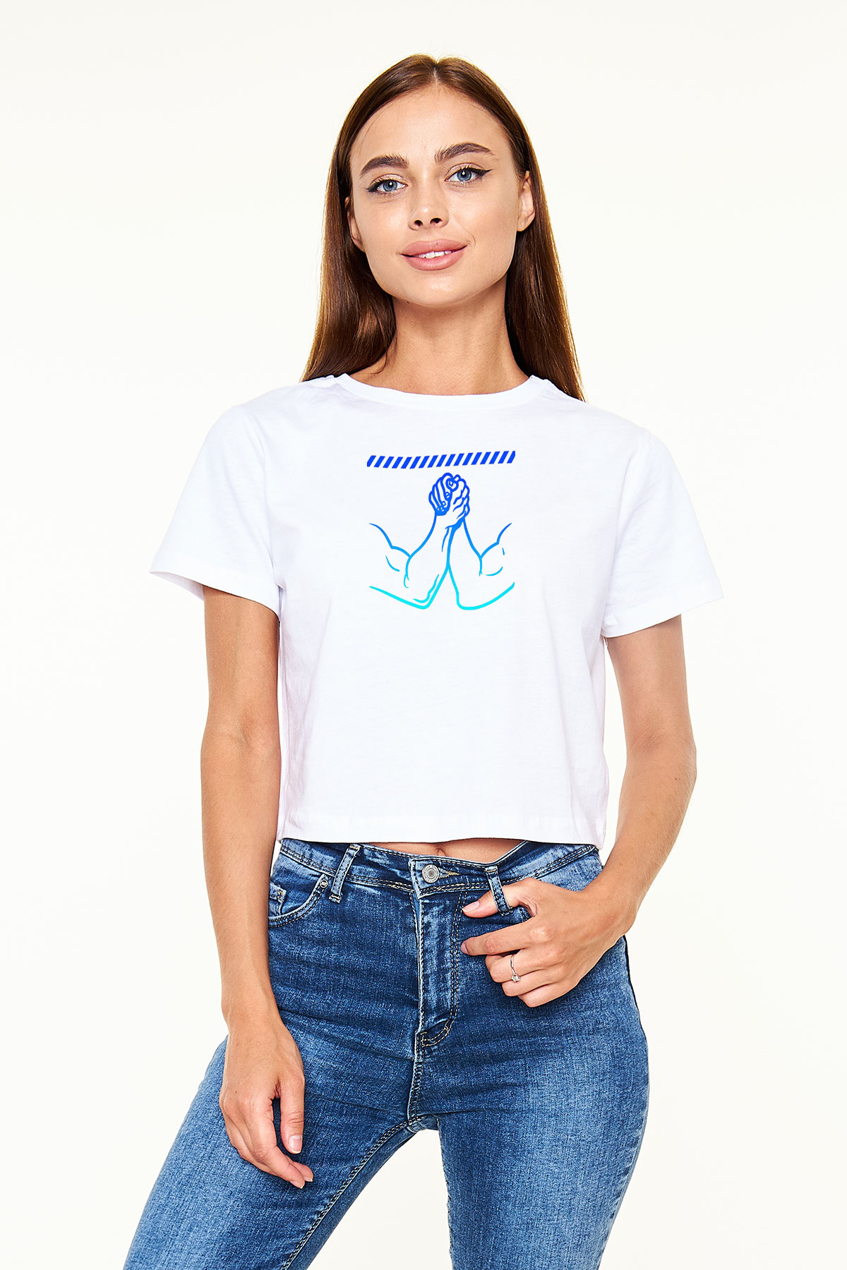 Bilek Güreşi Baskılı Crop Top Beyaz Tişört - T-shirt