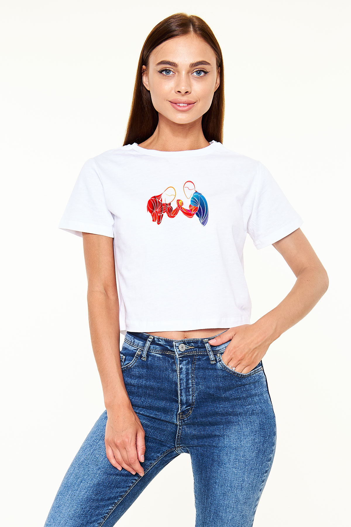 Bilek Güreşi Baskılı Crop Top Beyaz Tişört - T-shirt