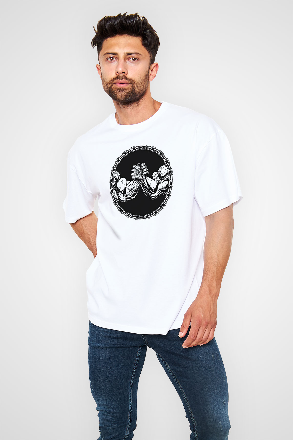 Bilek Güreşi Baskılı Unisex Beyaz Oversize Tişört - Tshirt