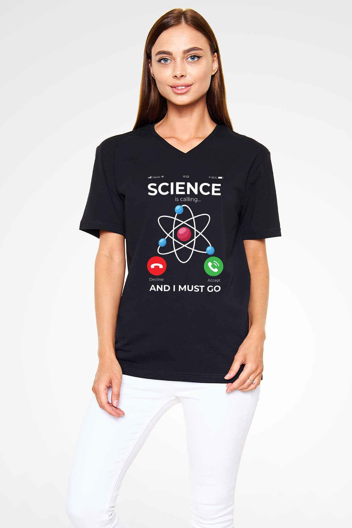 Bilim Arıyor Baskılı Unisex V Yaka Siyah Tİşört - Tshirt