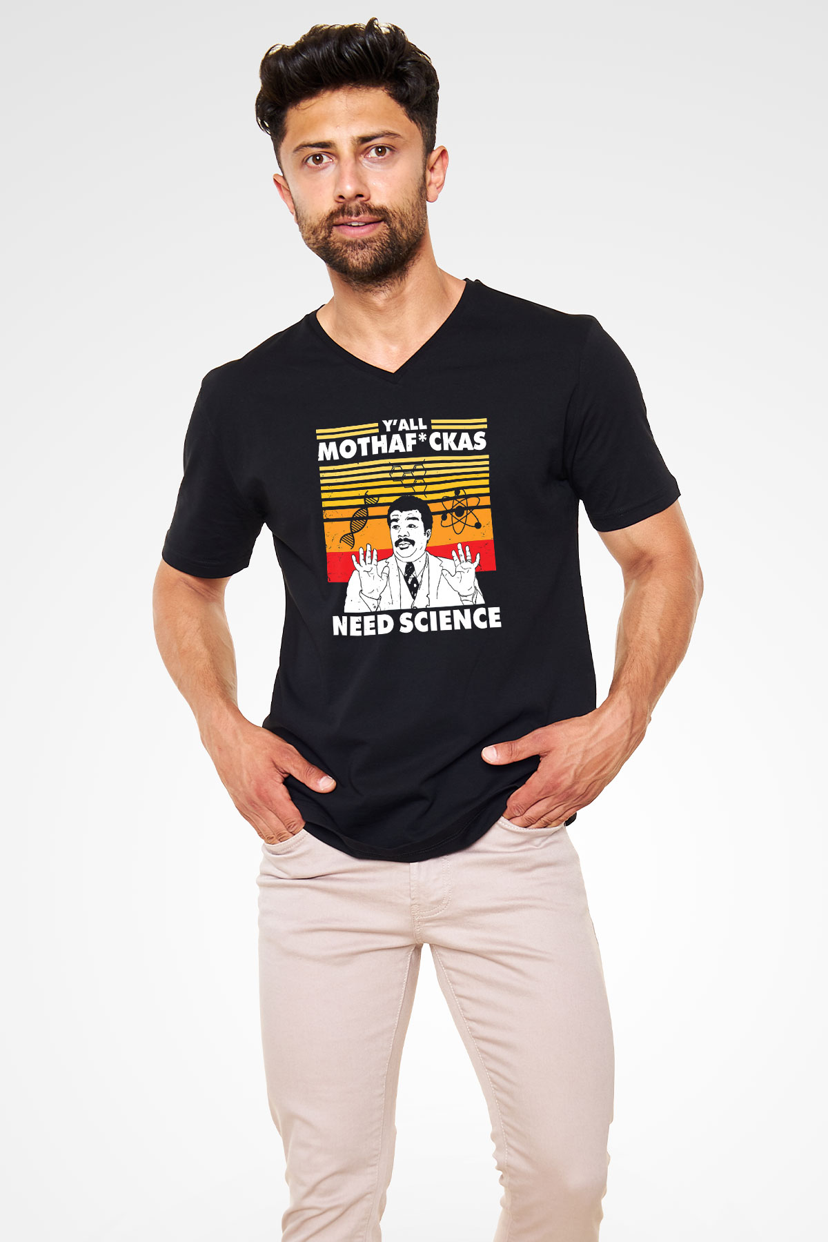 Bilim Baskılı Unisex V Yaka Siyah Tİşört - Tshirt