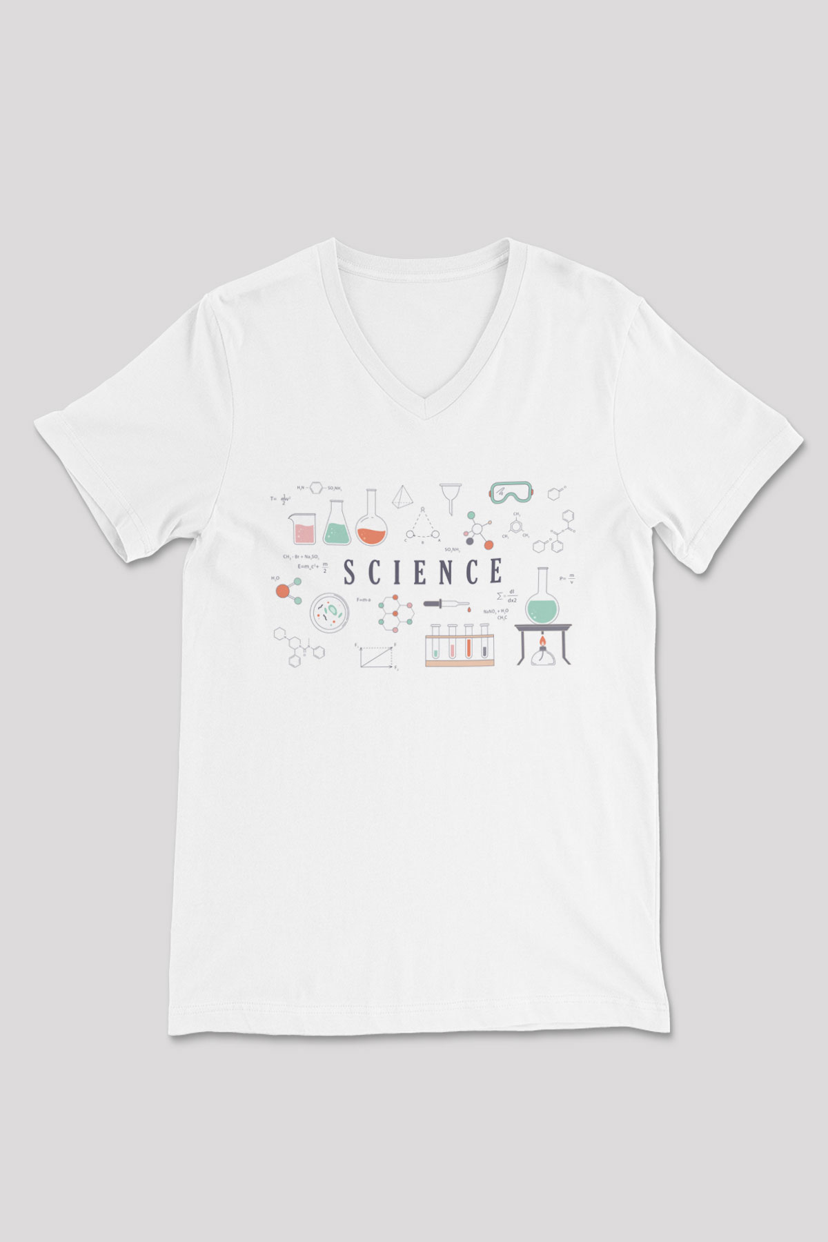 Bilim Deney Ekipmanları Baskılı Unisex Beyaz V Yaka Tişört