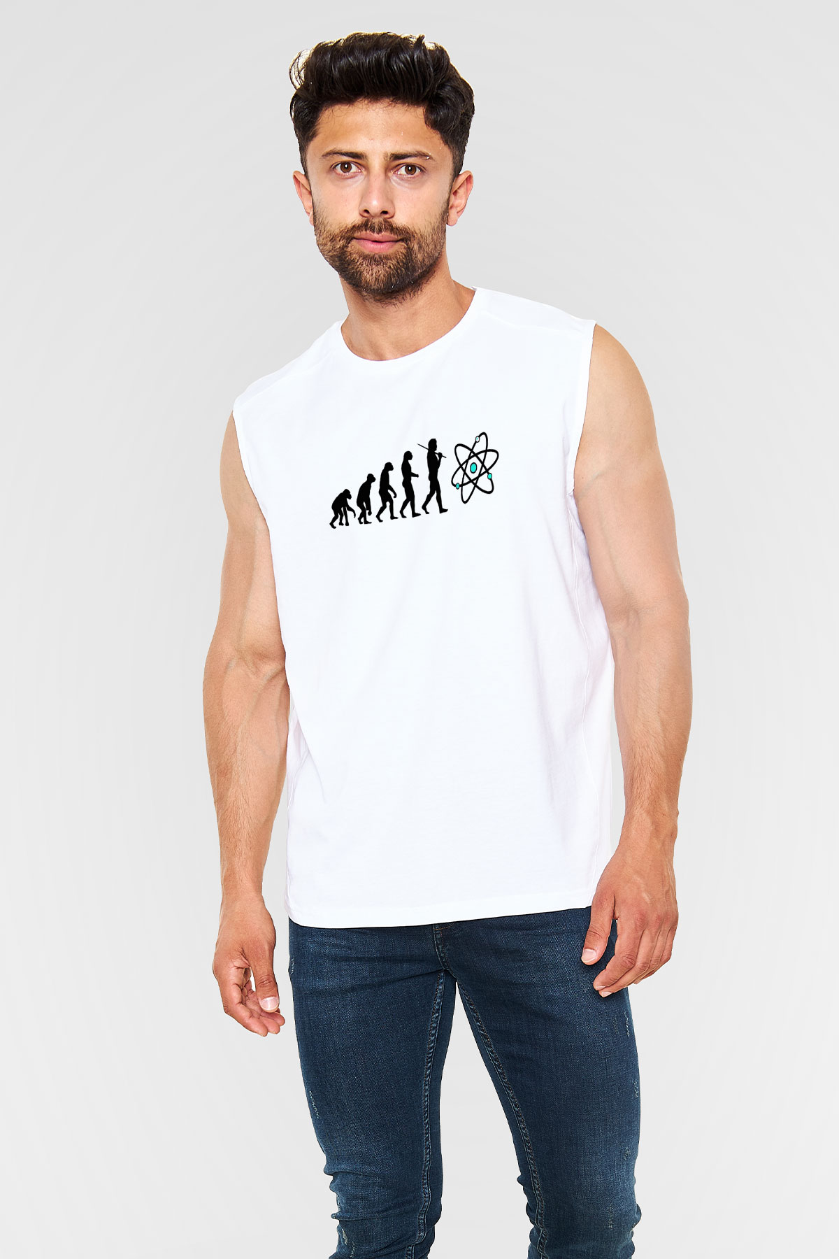 Bilim Evrim Atom Baskılı Unisex Kolsuz Beyaz Tişört - Tshirt