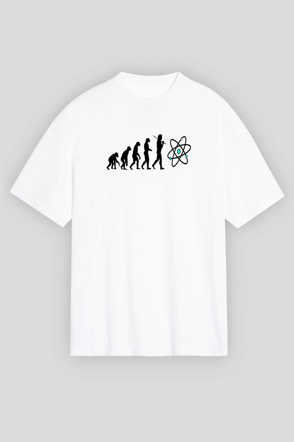 Bilim Evrim Atom Baskılı Unisex Oversize Beyaz Tişört - Tshirt