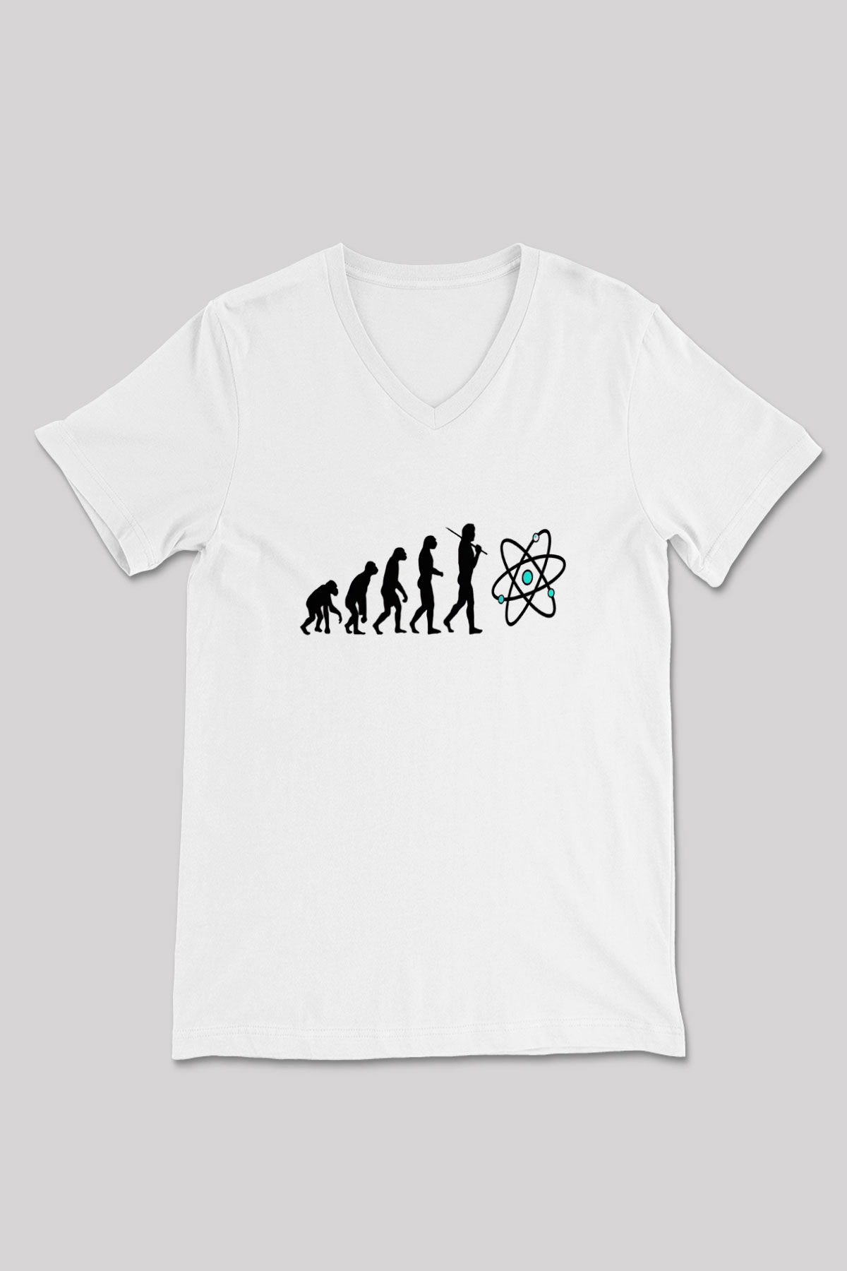 Bilim Evrim Atom Baskılı Unisex V Yaka Beyaz Tişört - Tshirt