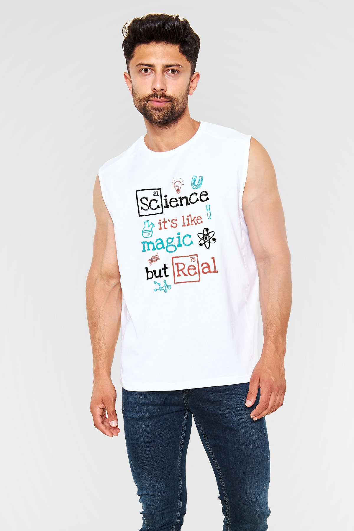 Bilim Sihir Baskılı Unisex Kolsuz Beyaz Tişört - Tshirt