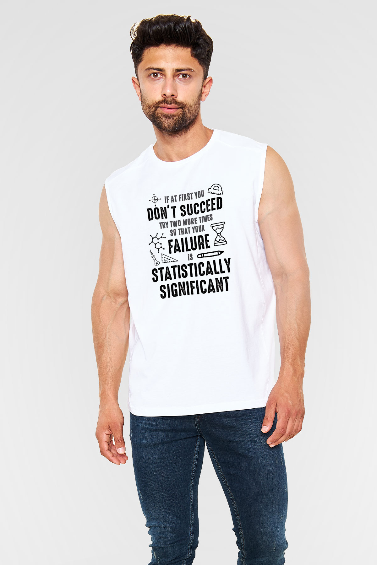 Bilim Yazı Baskılı Unisex Kolsuz Beyaz Tişört - Tshirt