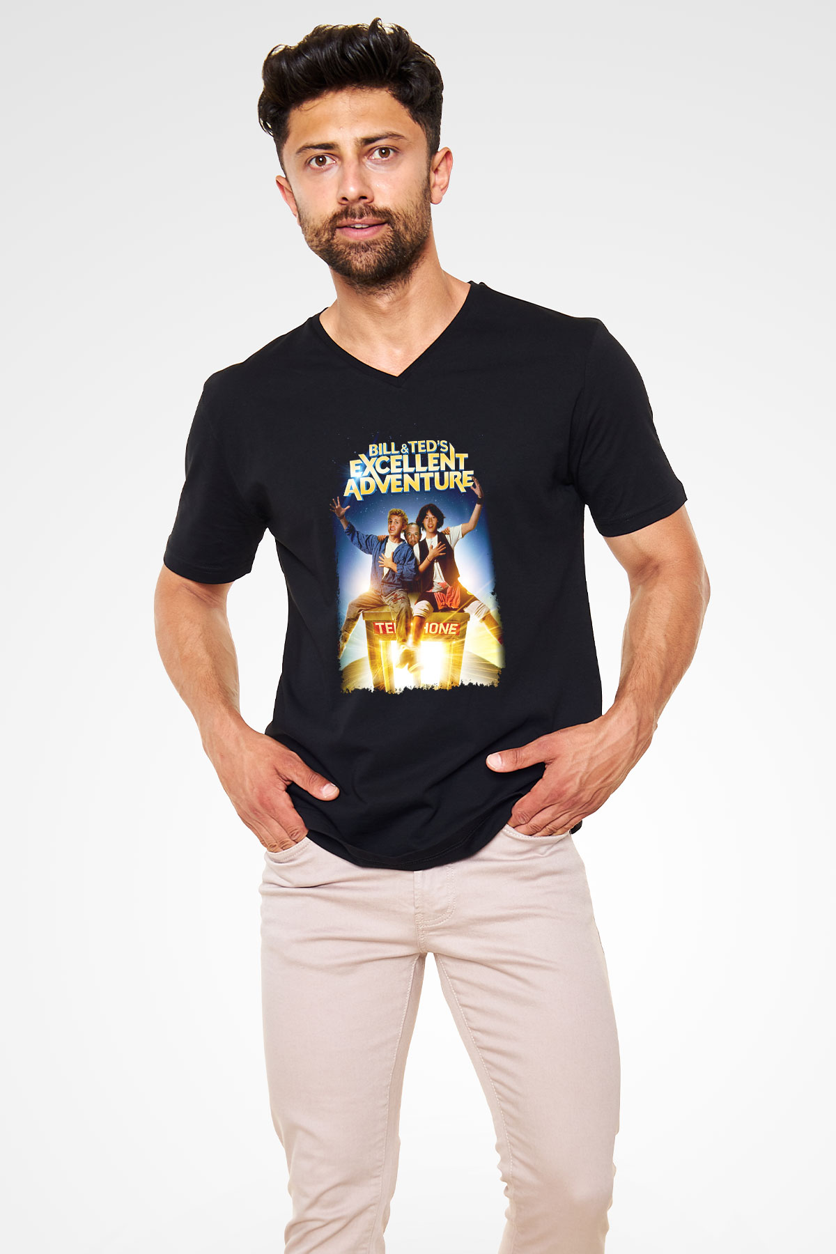 Bill and Teds Excellent Adventure Siyah Unisex V Yaka Tişört