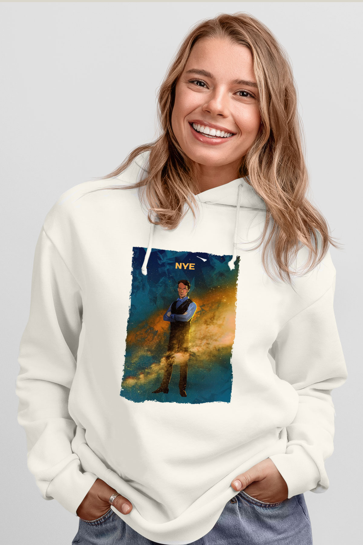 Bill Nye Baskılı Unisex Ekru Hoodie