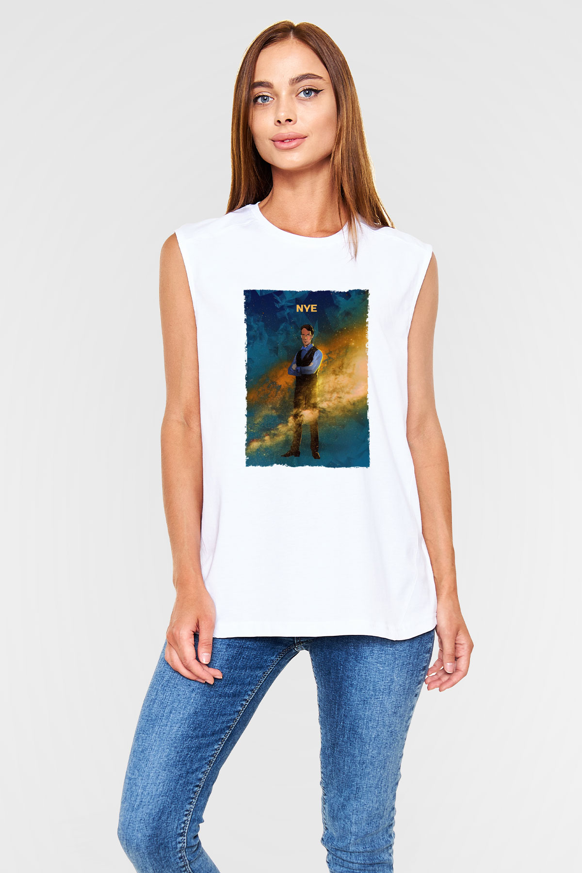 Bill Nye Baskılı Unisex Kolsuz Beyaz Tişört - Tshirt