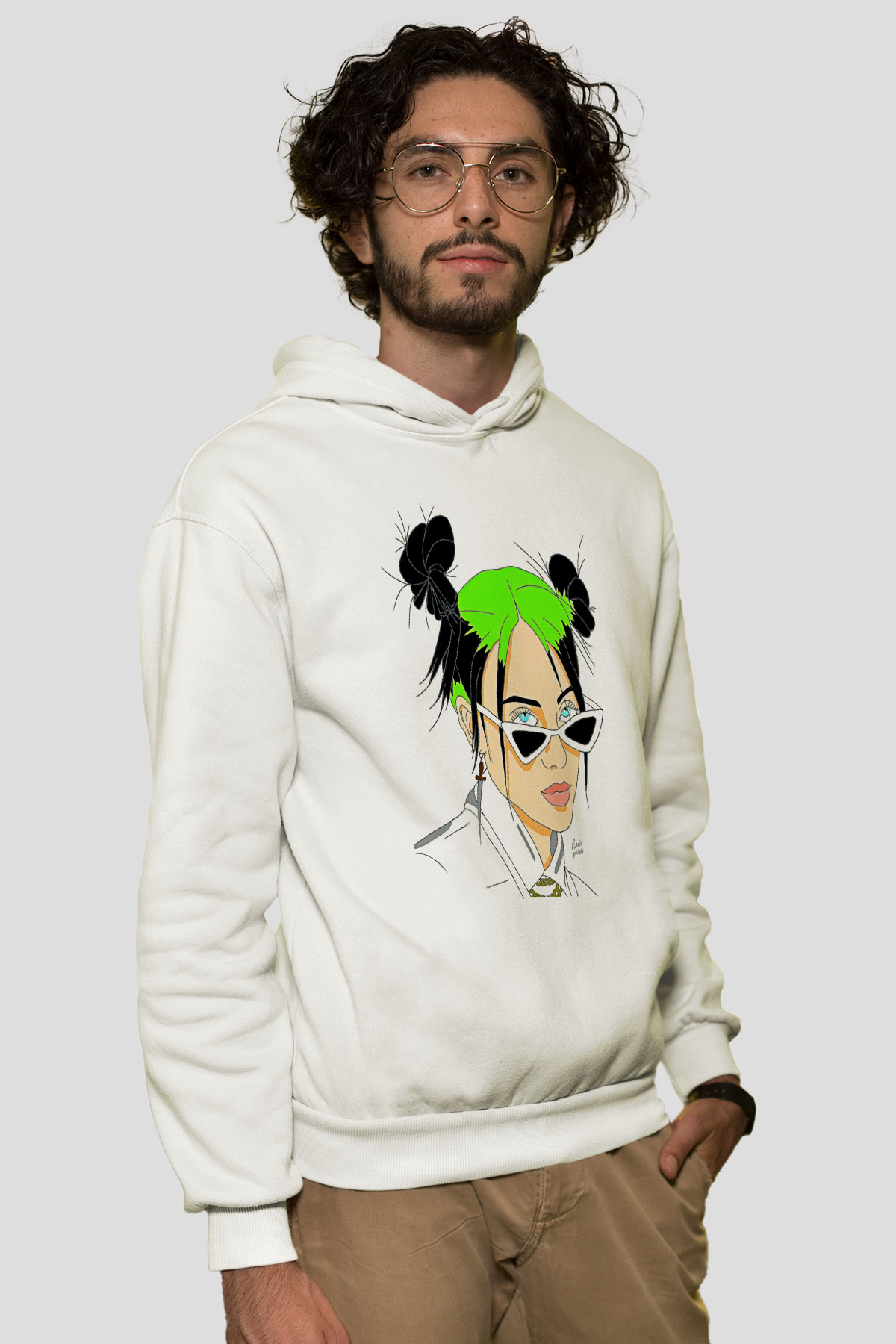 Billie Eilish Baskılı Beyaz Unisex Kapüşonlu Sweatshirt
