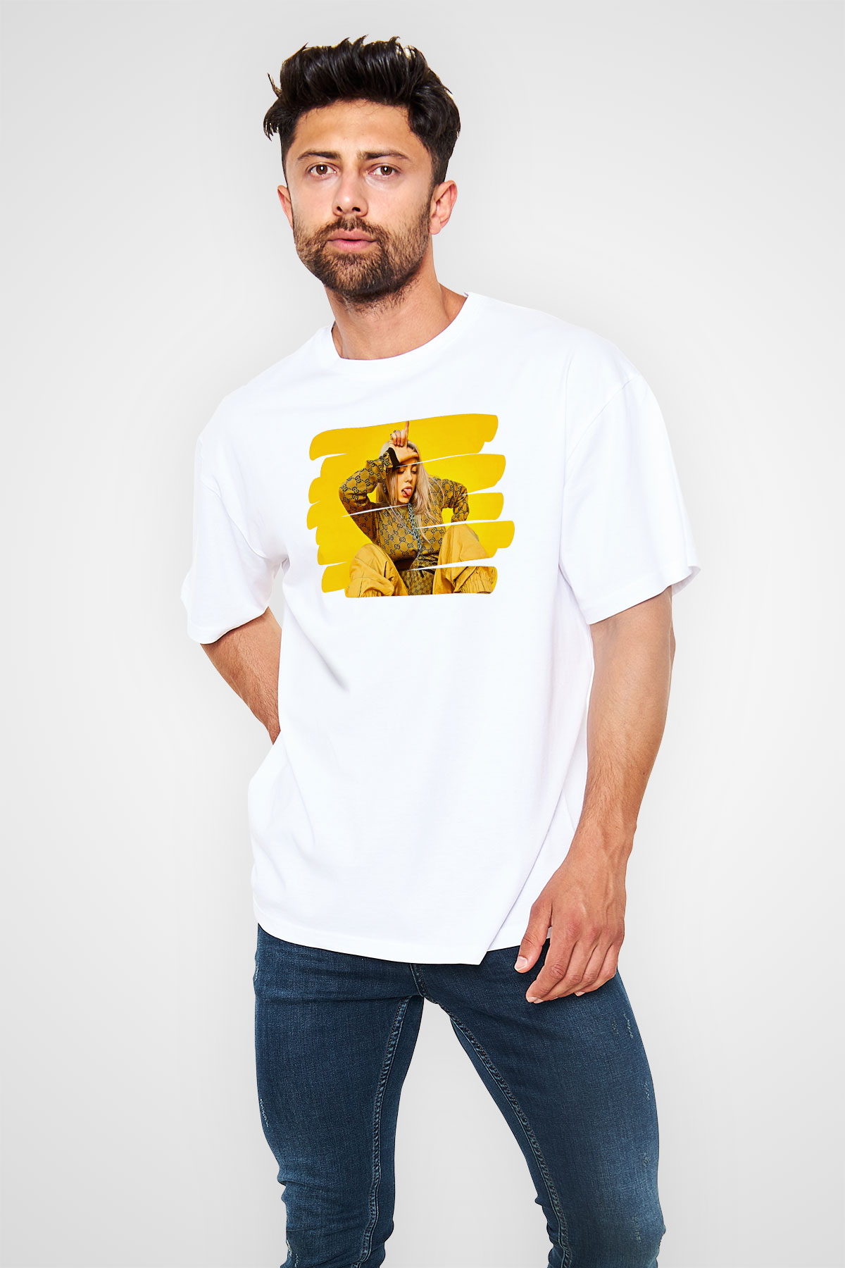 Billie Eilish Baskılı Beyaz Unisex Oversize Tişört - Tshirt