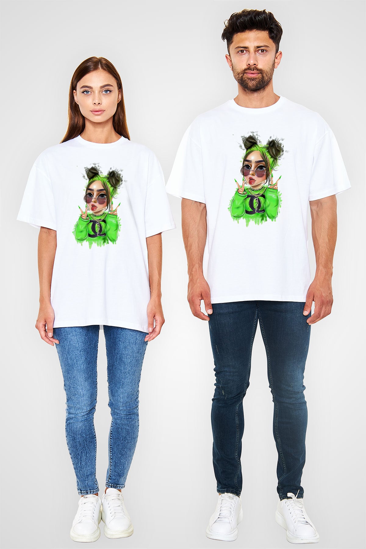 Billie Eilish Baskılı Beyaz Unisex Oversize Tişört - Tshirt