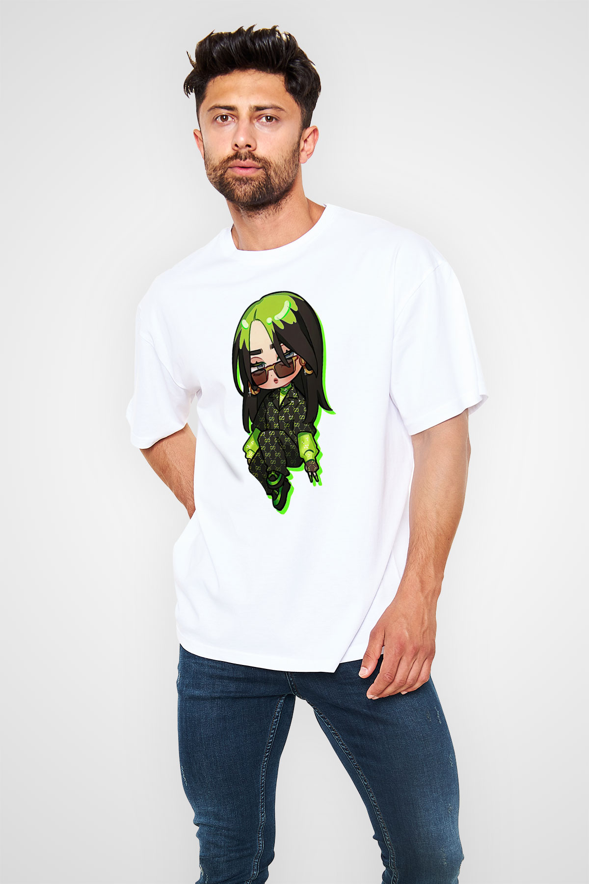 Billie Eilish Baskılı Beyaz Unisex Oversize Tişört - Tshirt