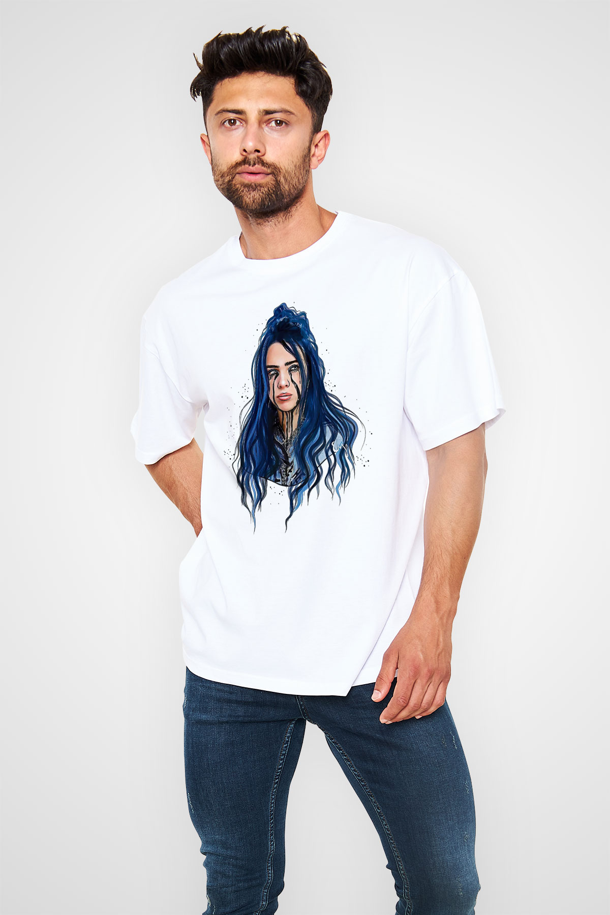 Billie Eilish Baskılı Beyaz Unisex Oversize Tişört - Tshirt
