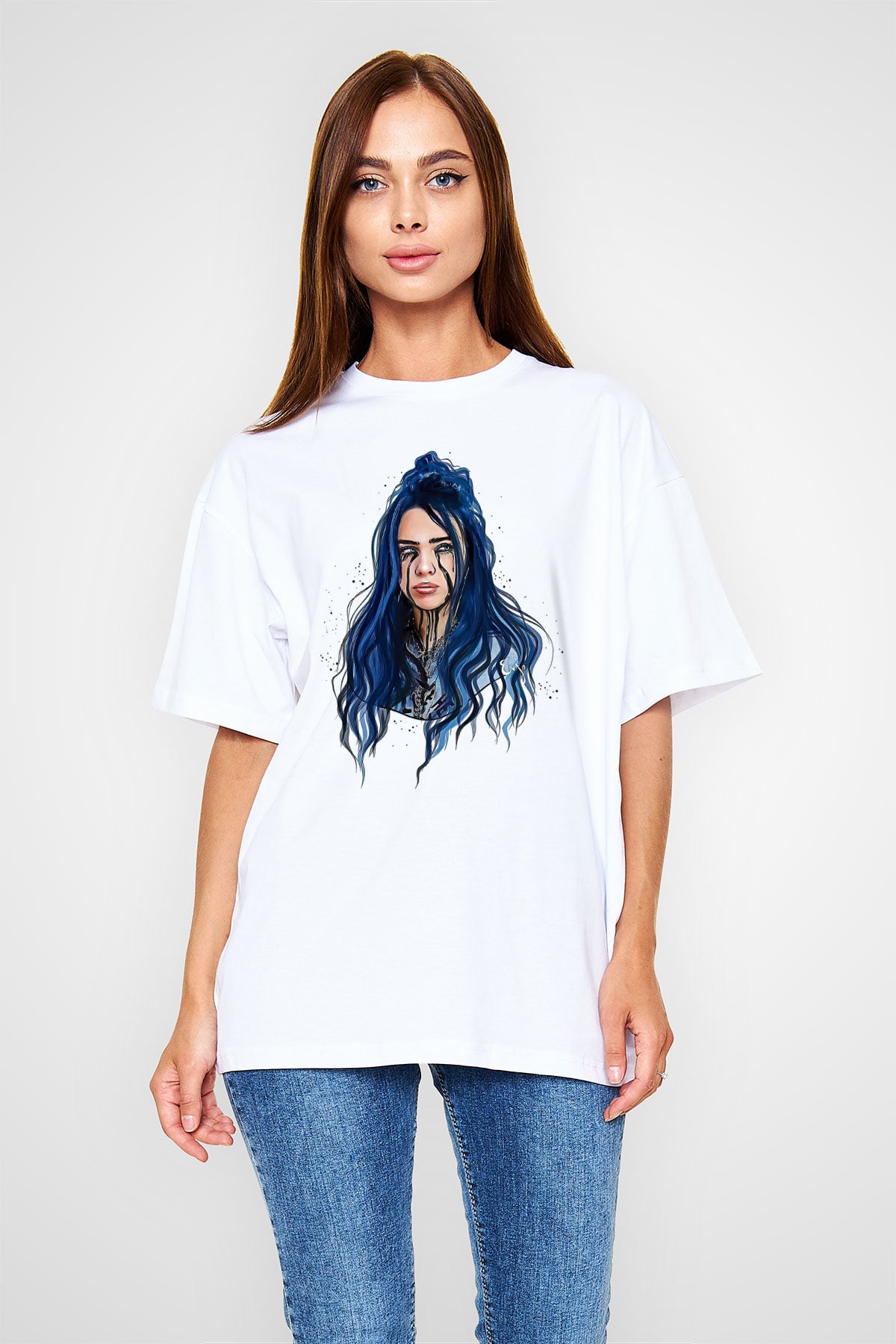 Billie Eilish Baskılı Beyaz Unisex Oversize Tişört - Tshirt