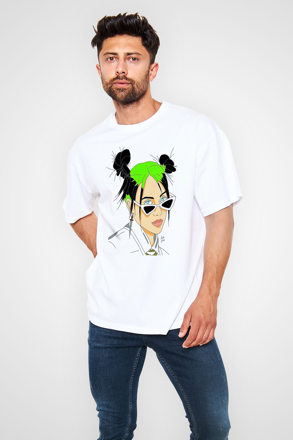 Billie Eilish Baskılı Beyaz Unisex Oversize Tişört - Tshirt
