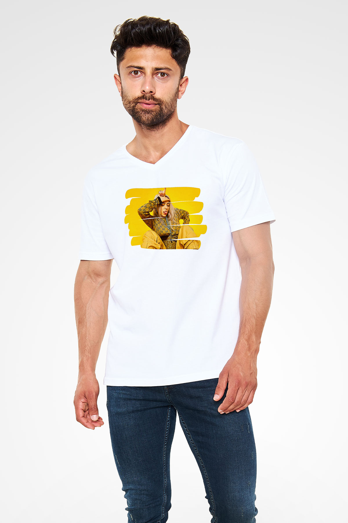 Billie Eilish Baskılı Beyaz Unisex V Yaka Tişört - Tshirt
