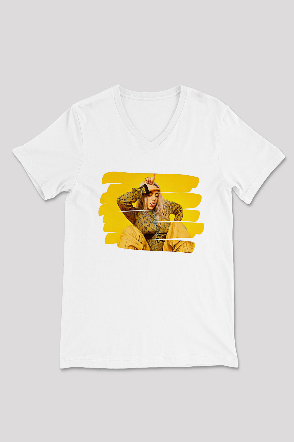 Billie Eilish Baskılı Beyaz Unisex V Yaka Tişört - Tshirt