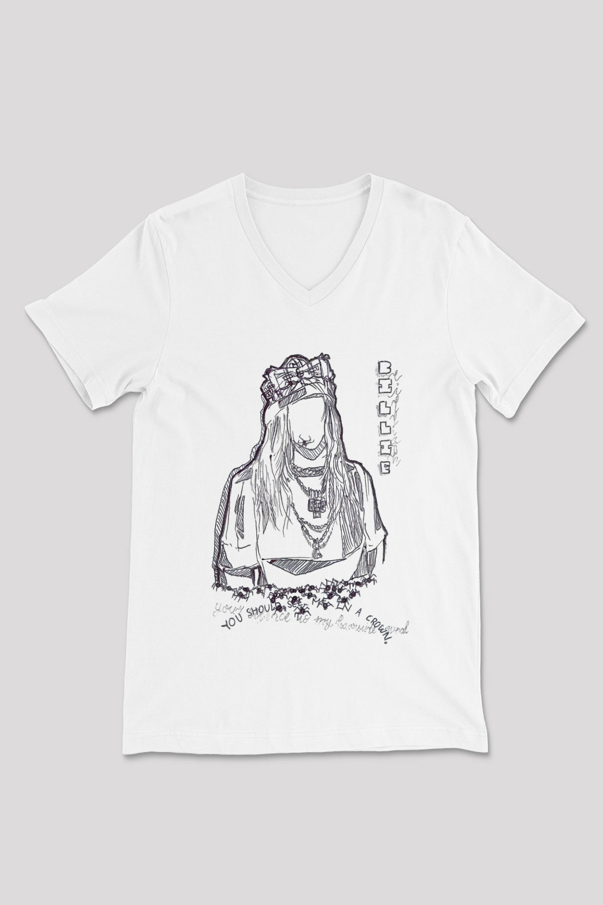 Billie Eilish Baskılı Beyaz Unisex V Yaka Tişört - Tshirt