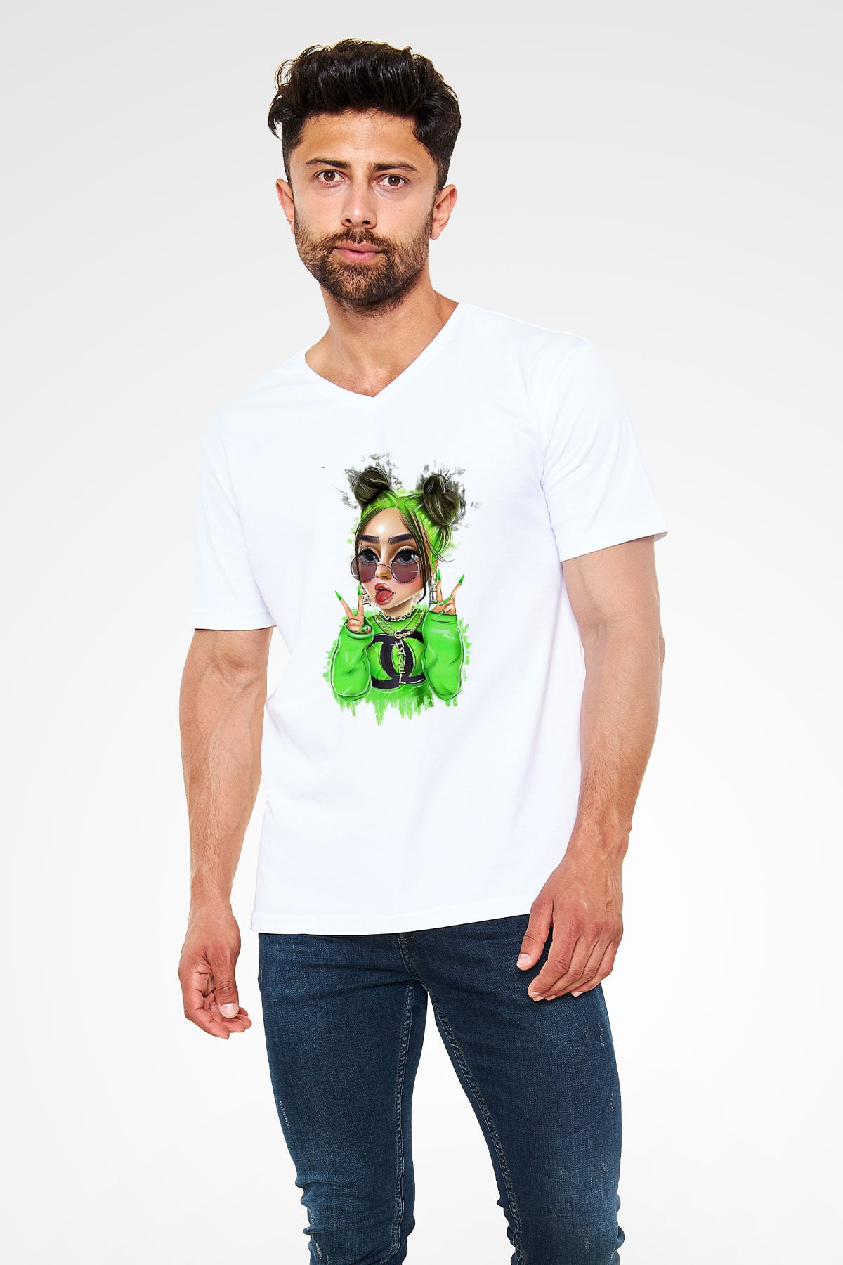 Billie Eilish Baskılı Beyaz Unisex V Yaka Tişört - Tshirt