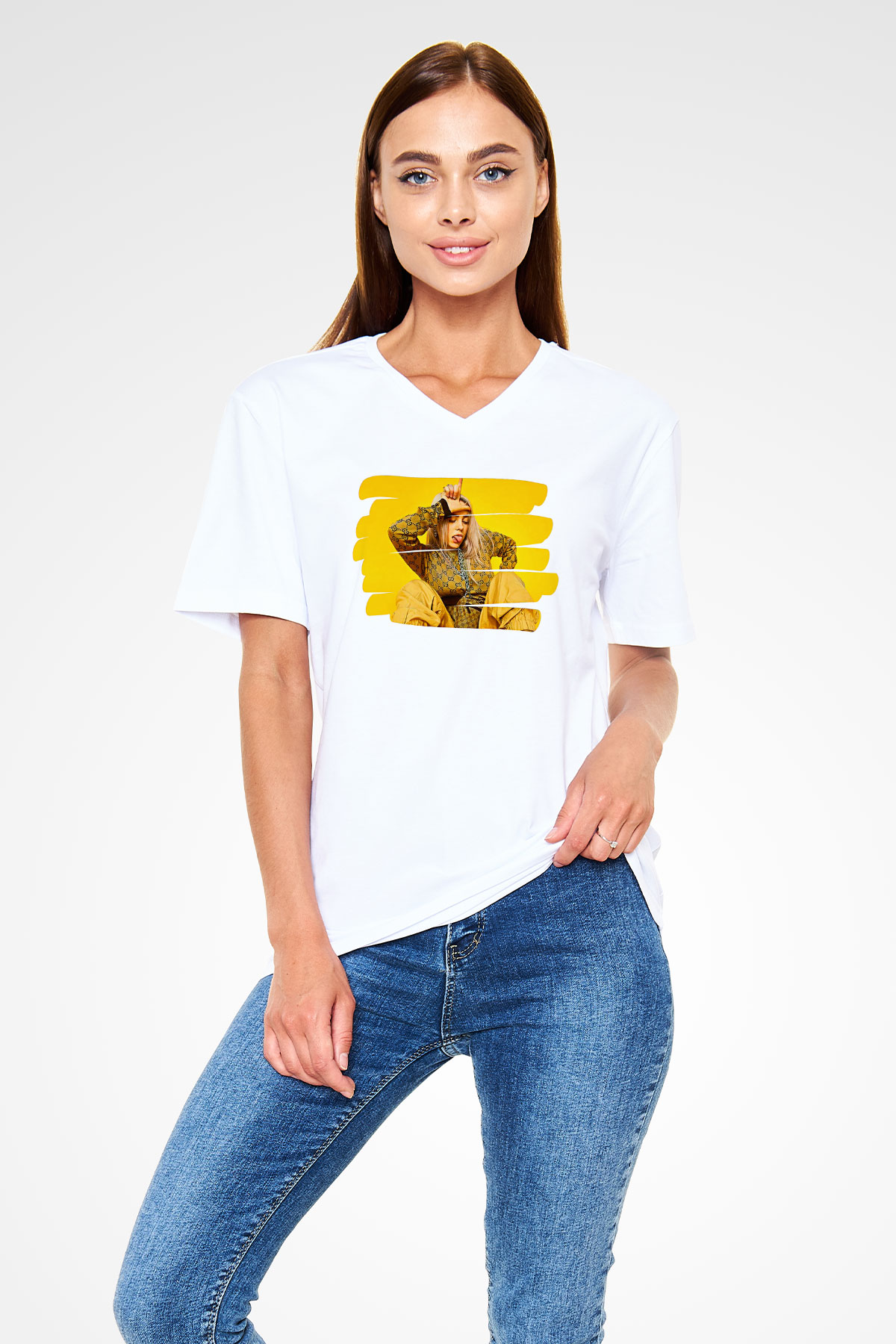 Billie Eilish Baskılı Beyaz Unisex V Yaka Tişört - Tshirt