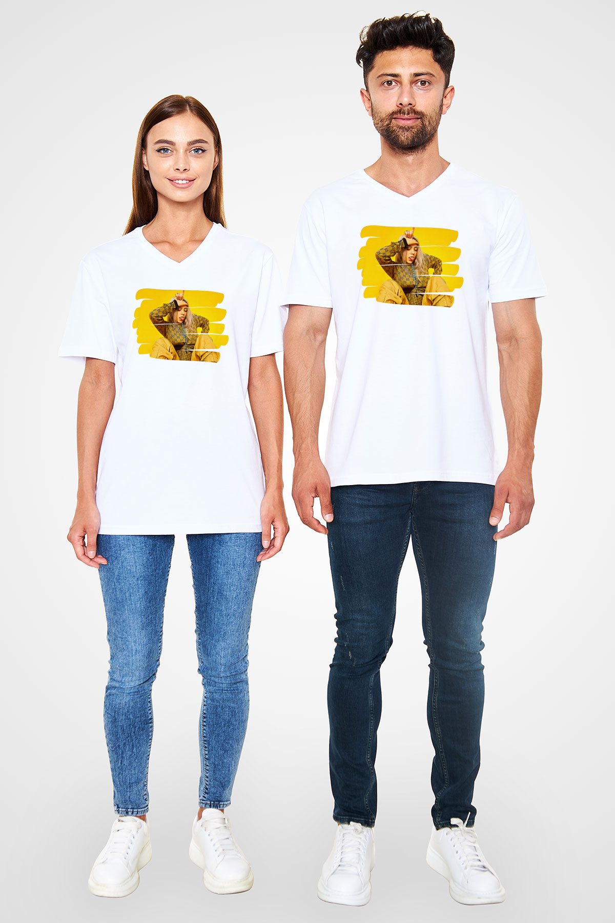 Billie Eilish Baskılı Beyaz Unisex V Yaka Tişört - Tshirt