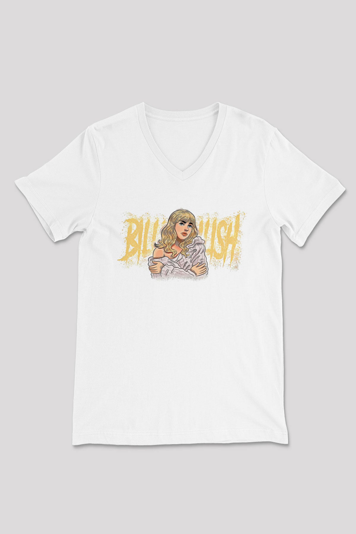 Billie Eilish Baskılı Beyaz Unisex V Yaka Tişört - Tshirt