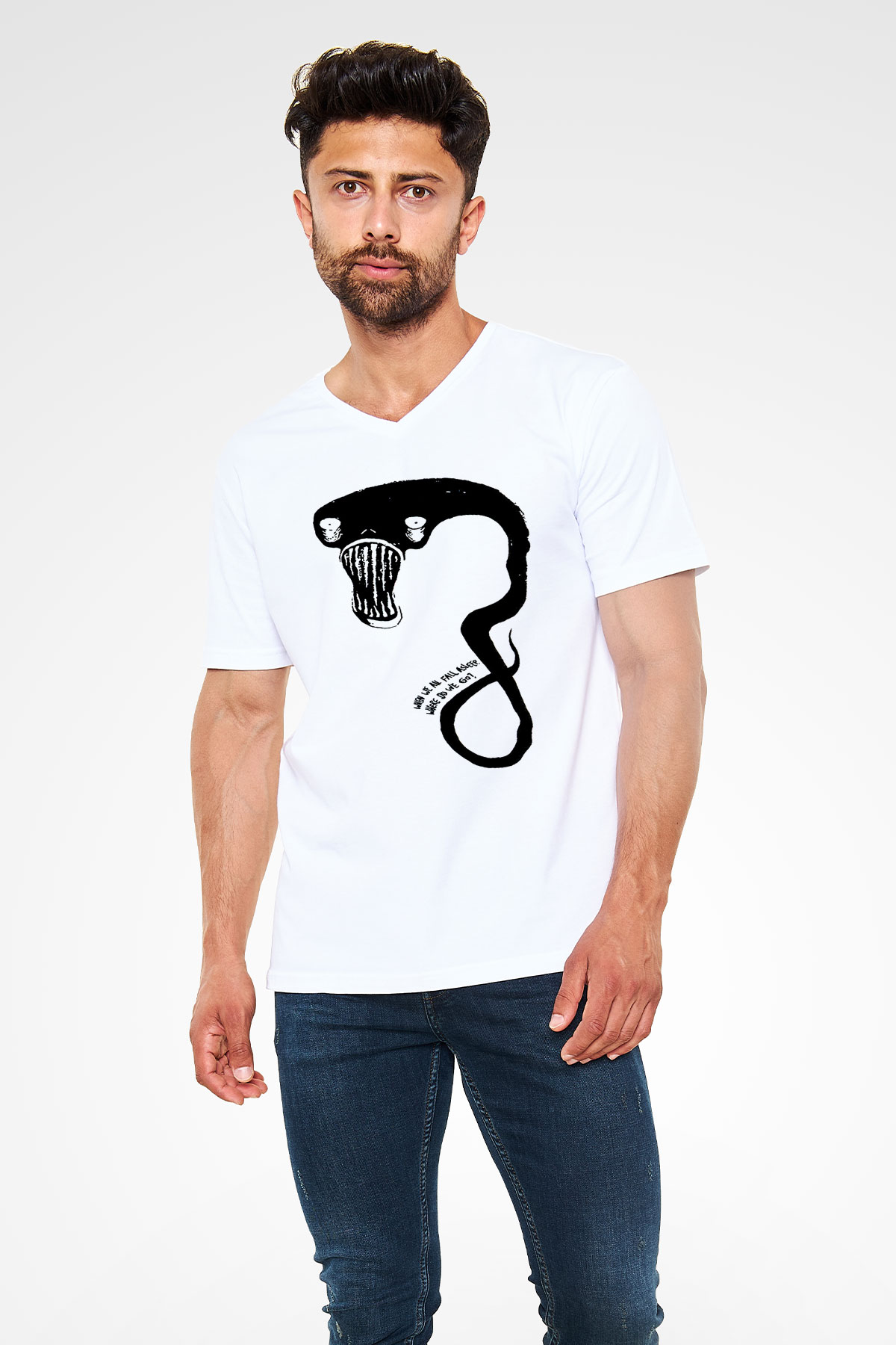Billie Eilish Baskılı Beyaz Unisex V Yaka Tişört - Tshirt