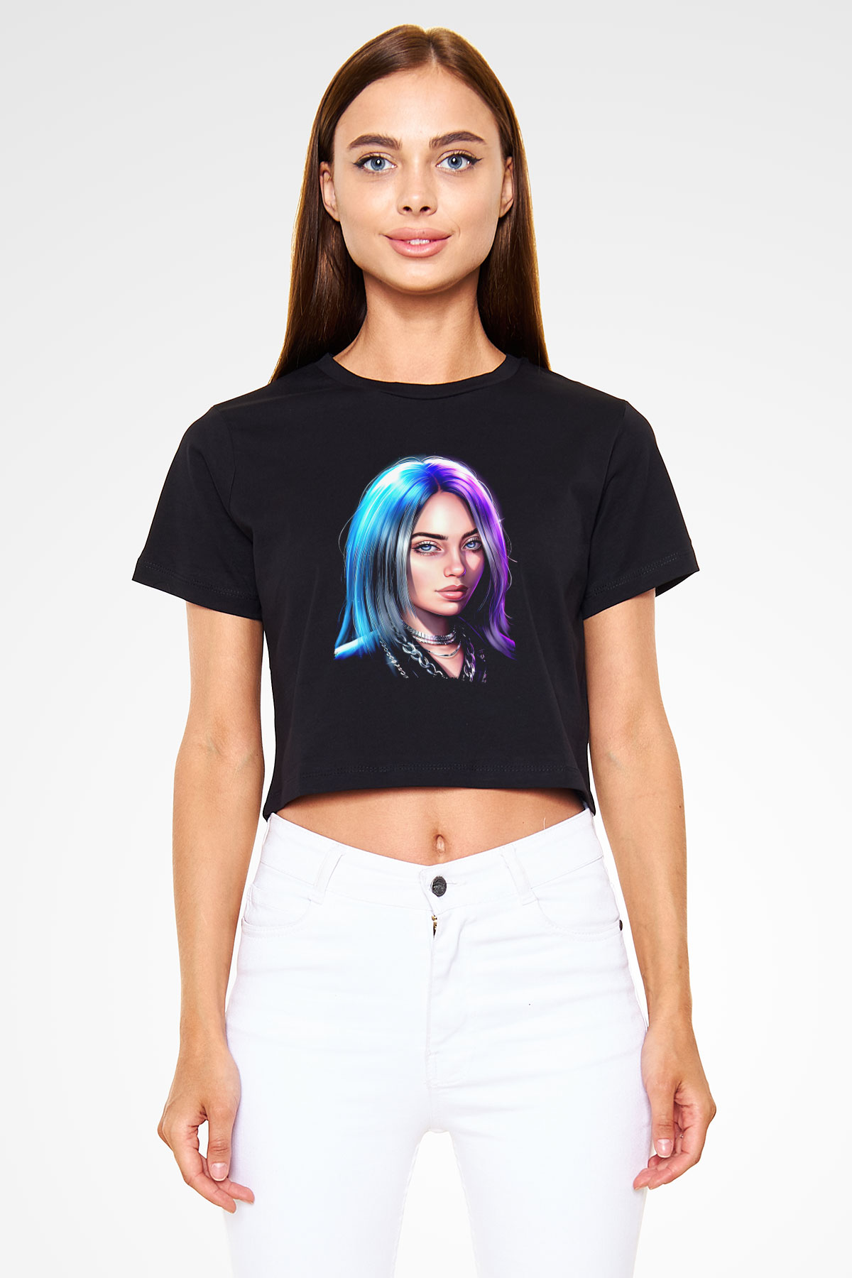 Billie Eilish Baskılı Siyah Crop Top Kadın Tişört - Tshirt