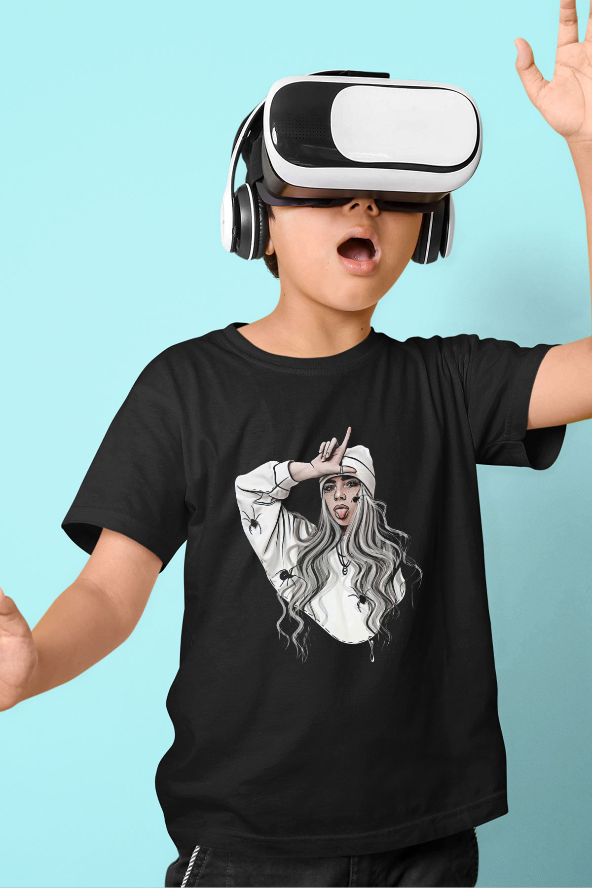 Billie Eilish Baskılı Unisex Siyah Çocuk Tişört - Tshirt