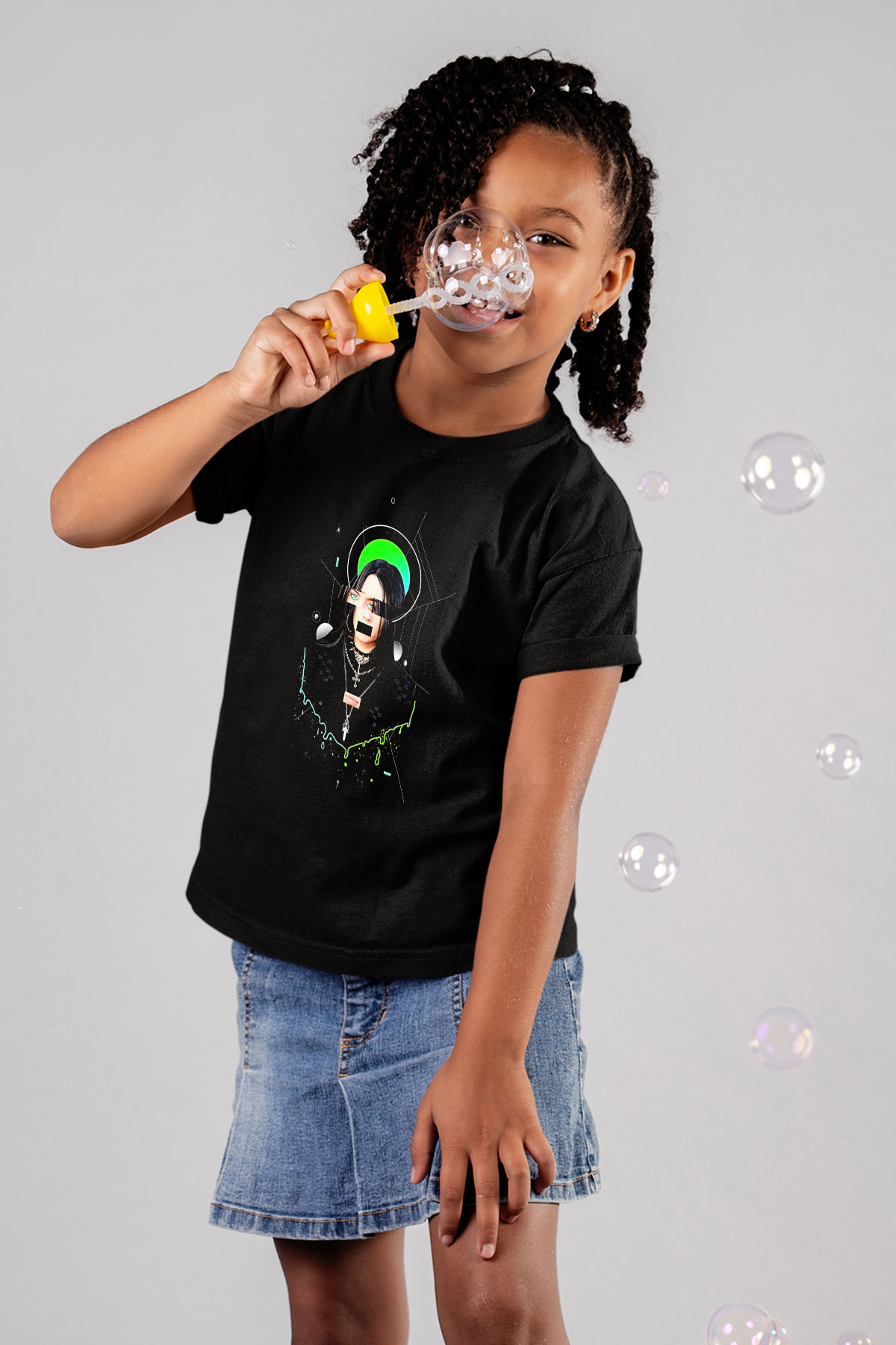 Billie Eilish Baskılı Unisex Siyah Çocuk Tişört - Tshirt