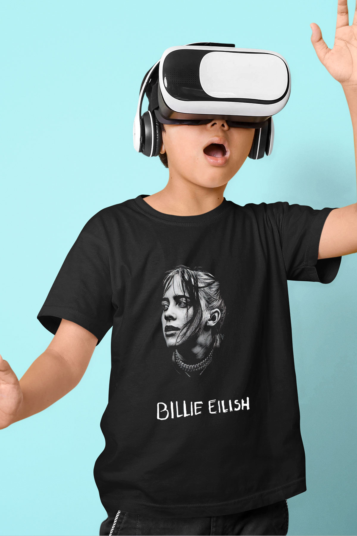 Billie Eilish Baskılı Unisex Siyah Çocuk Tişört - Tshirt