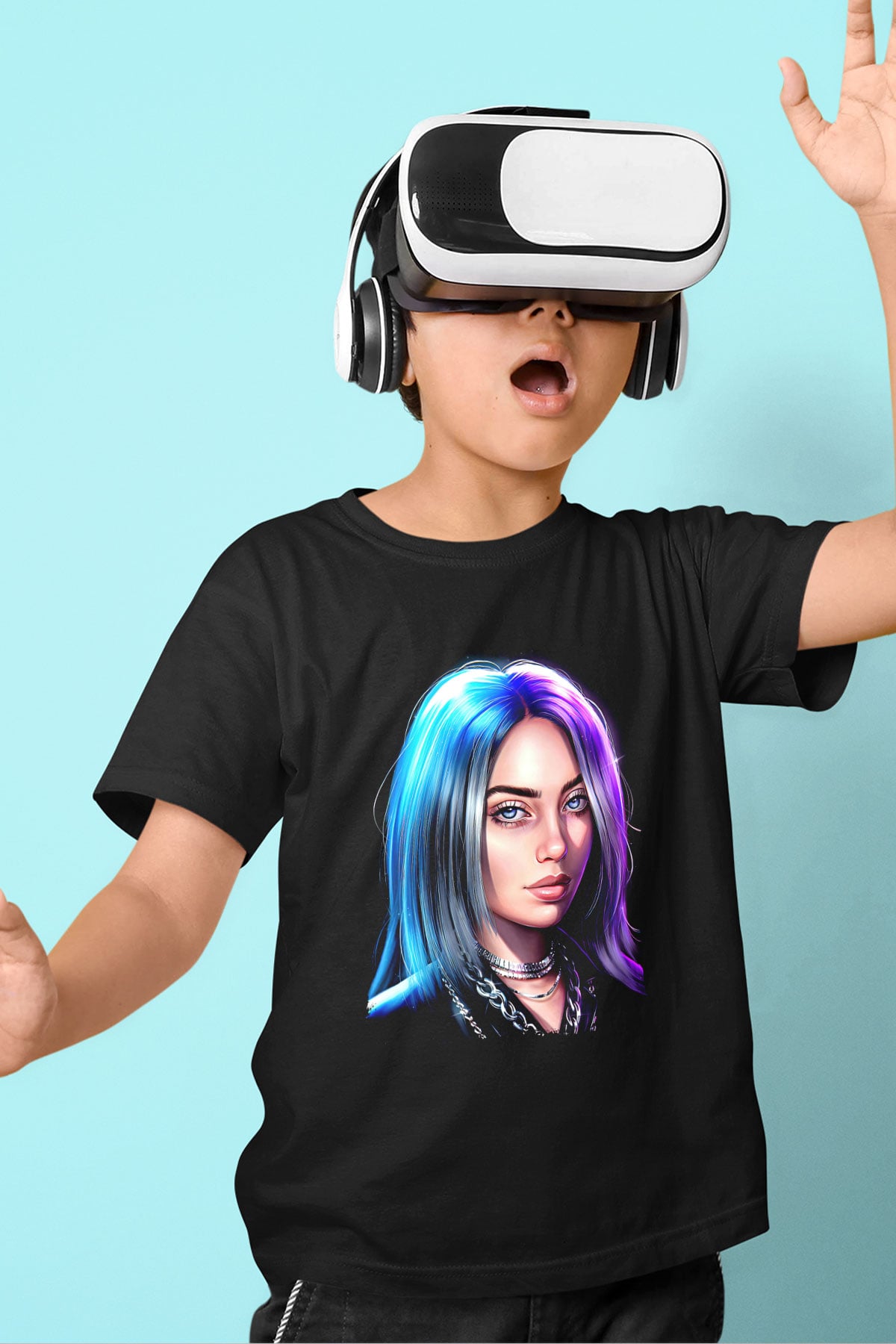 Billie Eilish Baskılı Unisex Siyah Çocuk Tişört - Tshirt