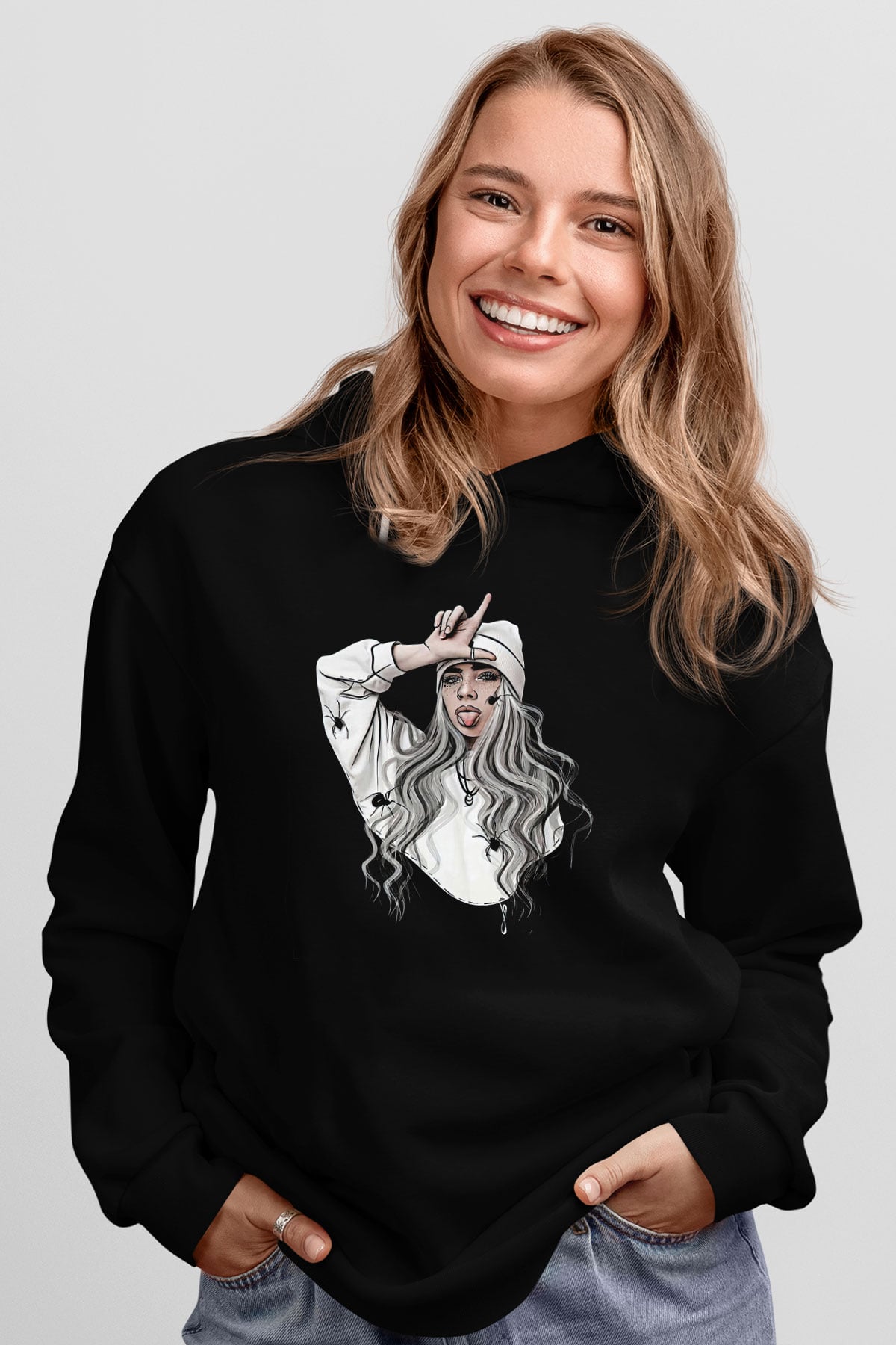 Billie Eilish Baskılı Unisex Siyah Hoodie
