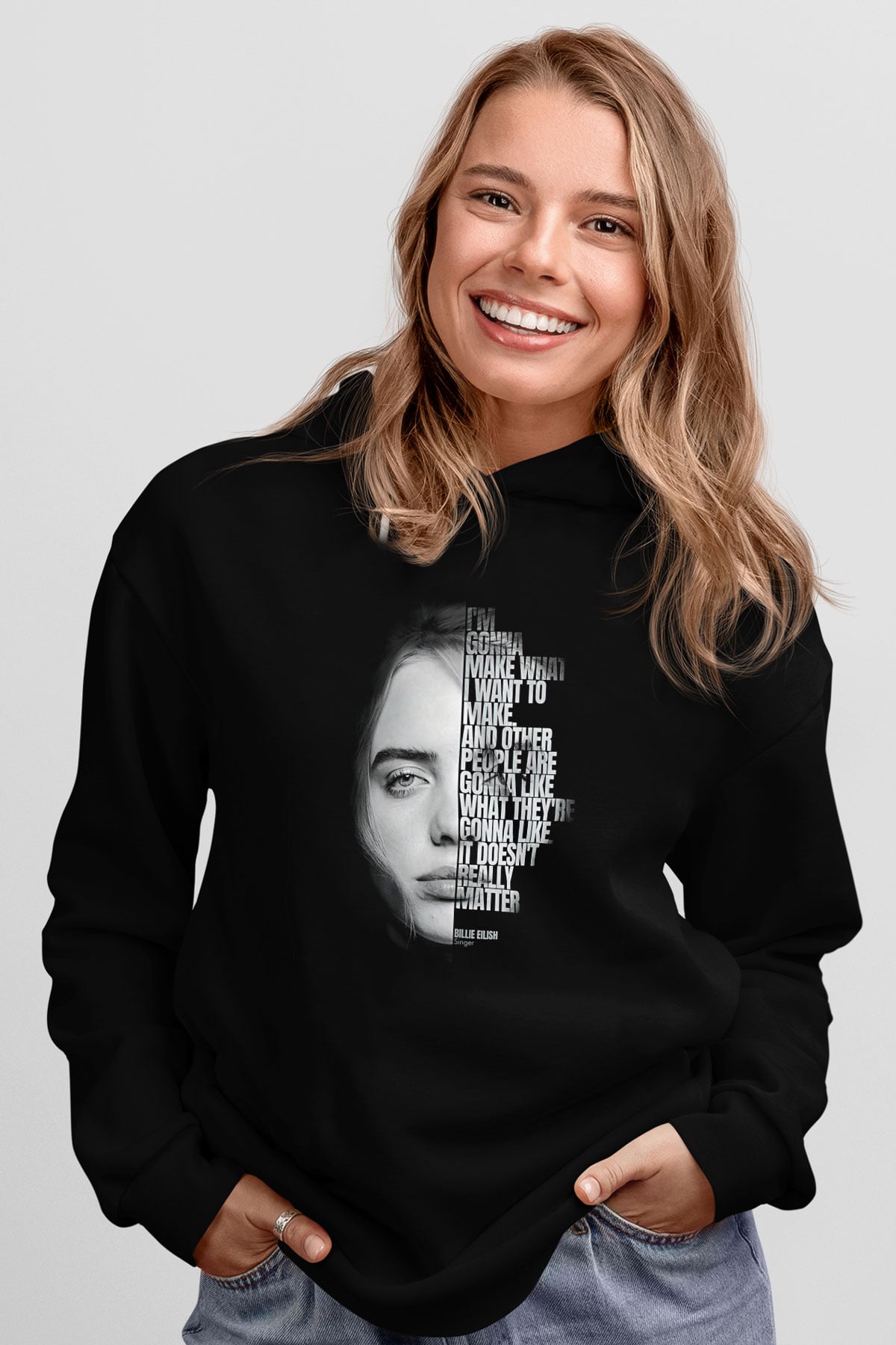Billie Eilish Baskılı Unisex Siyah Hoodie
