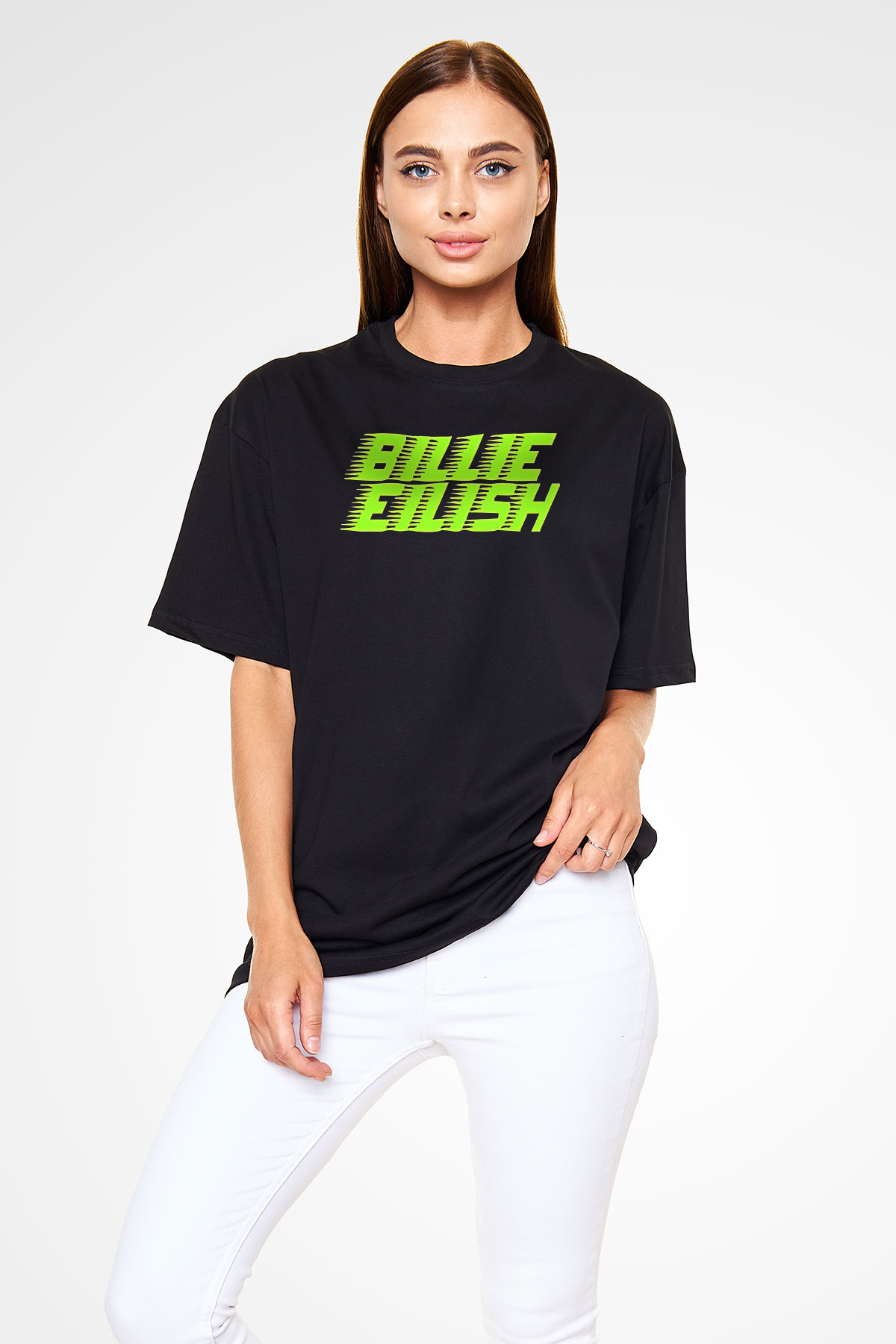Billie Eilish Baskılı Unisex Siyah Oversize Tişört - Tshirt