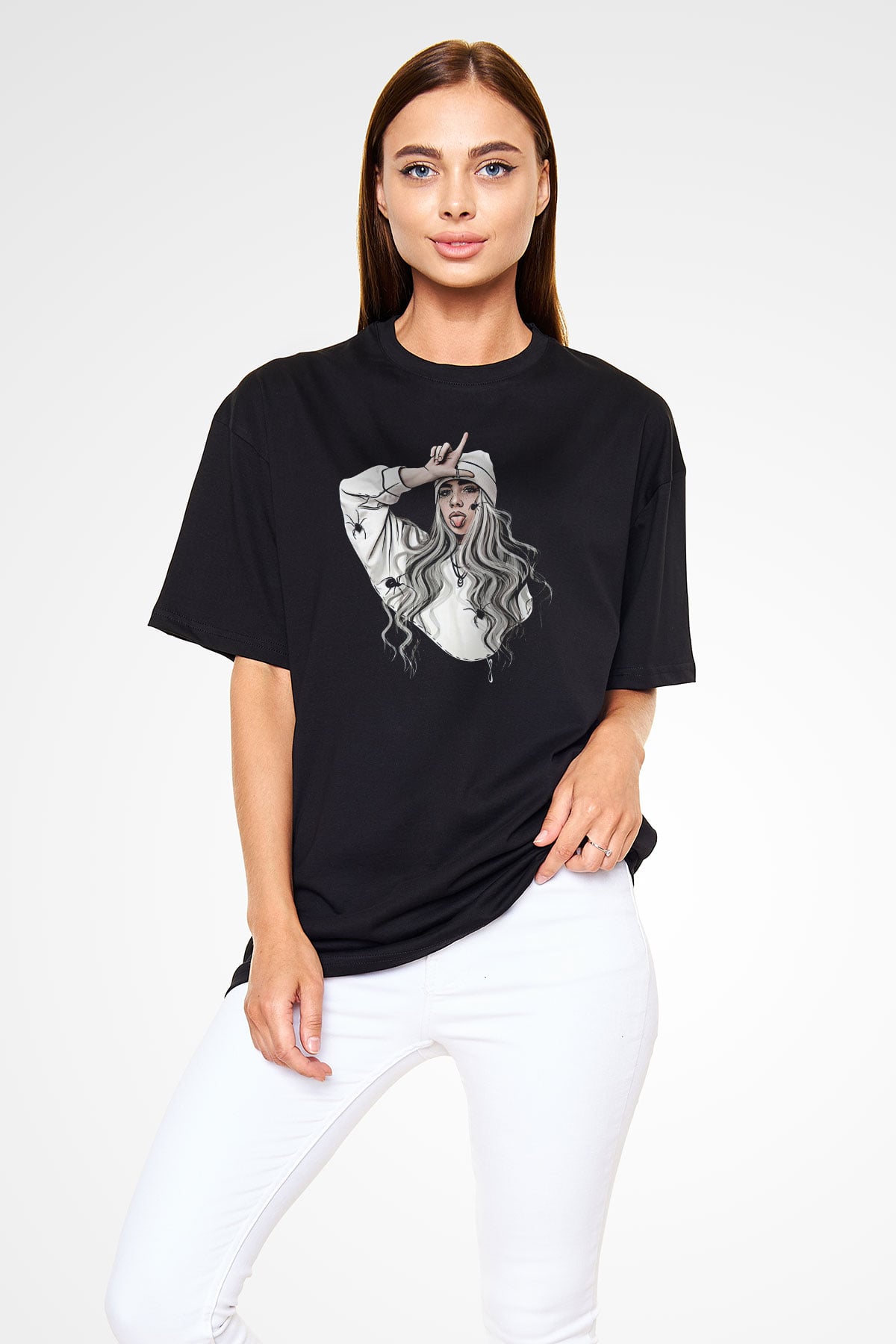 Billie Eilish Baskılı Unisex Siyah Oversize Tişört - Tshirt
