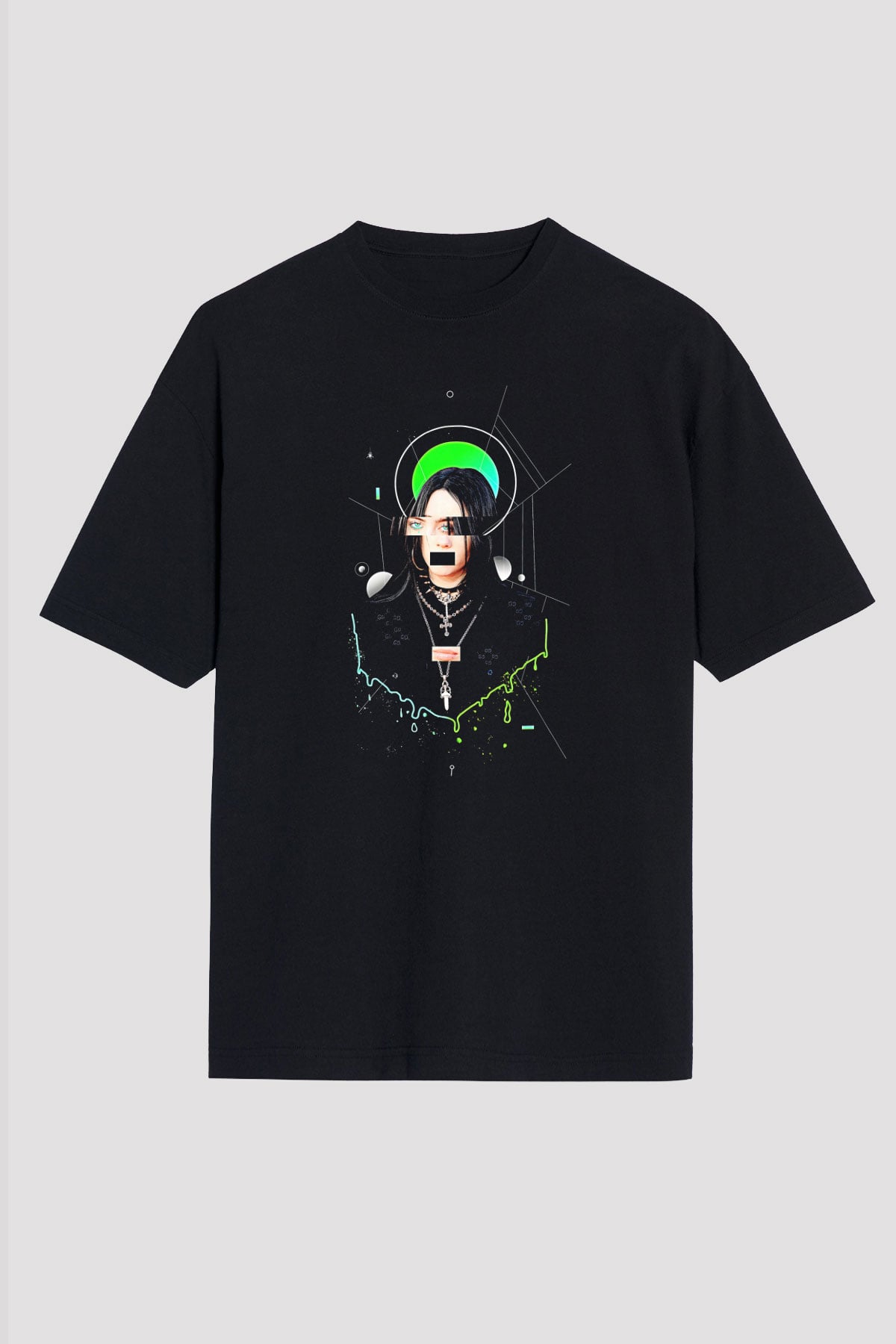 Billie Eilish Baskılı Unisex Siyah Oversize Tişört - Tshirt