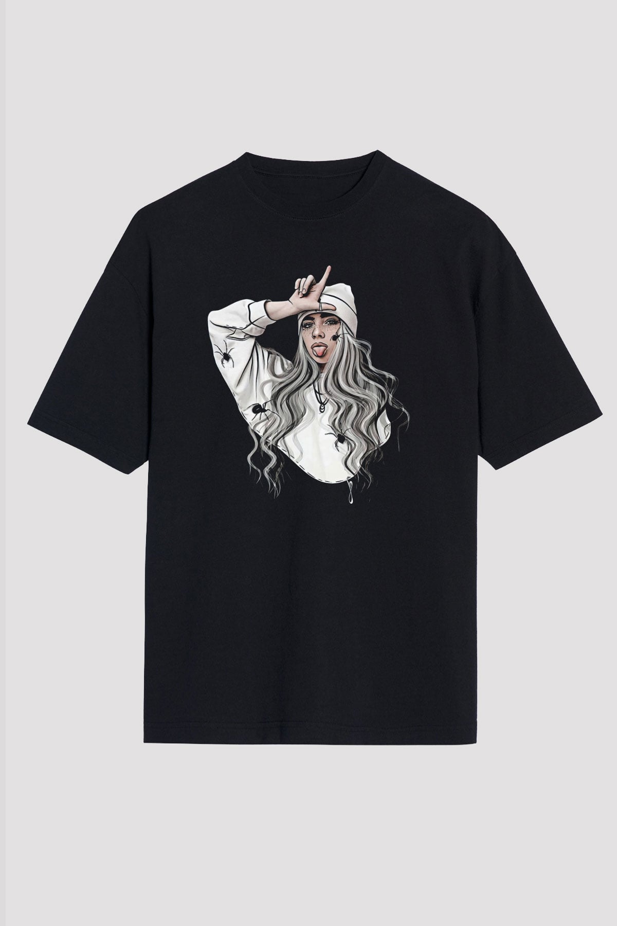 Billie Eilish Baskılı Unisex Siyah Oversize Tişört - Tshirt