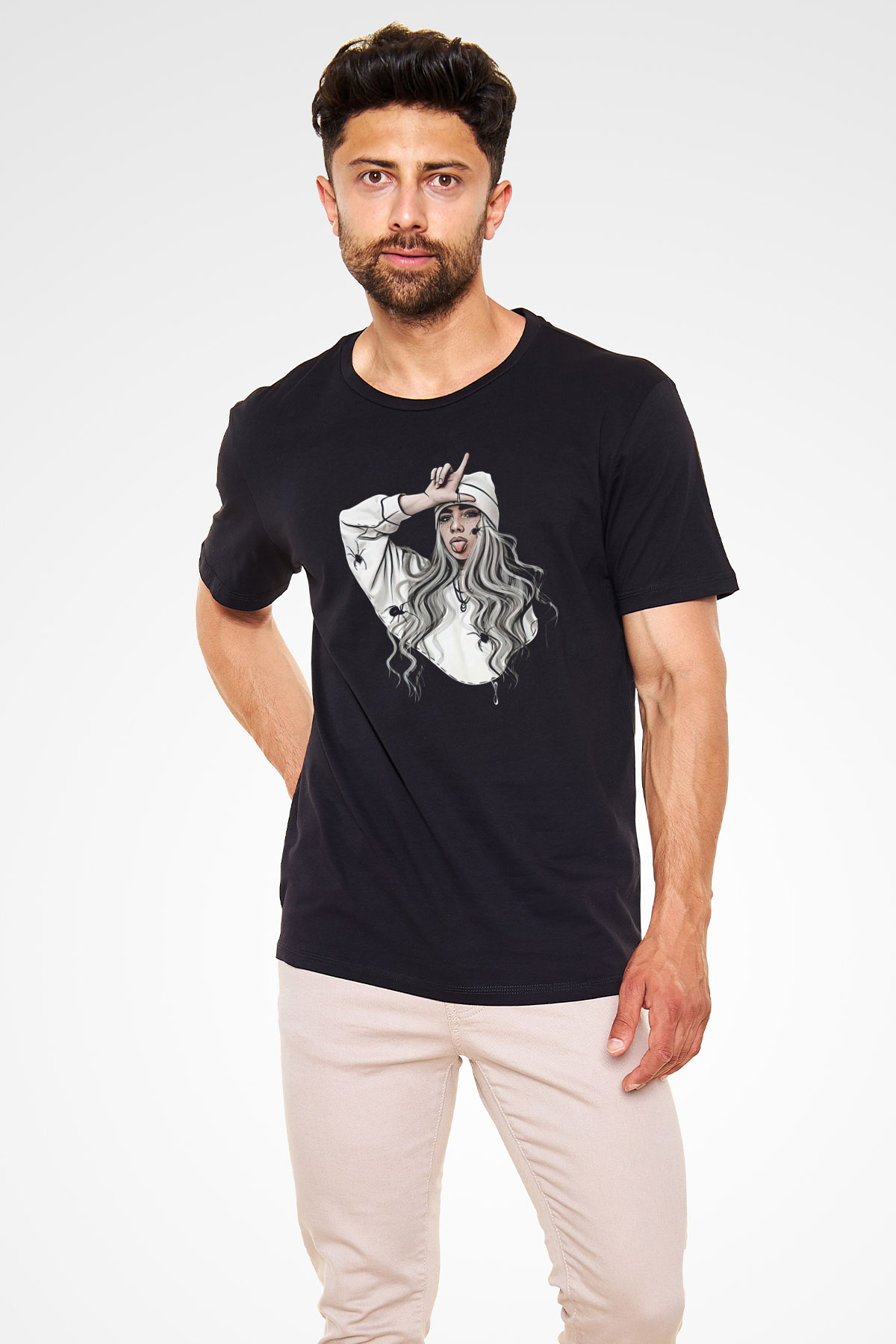 Billie Eilish Baskılı Unisex Siyah Tişört - Tshirt