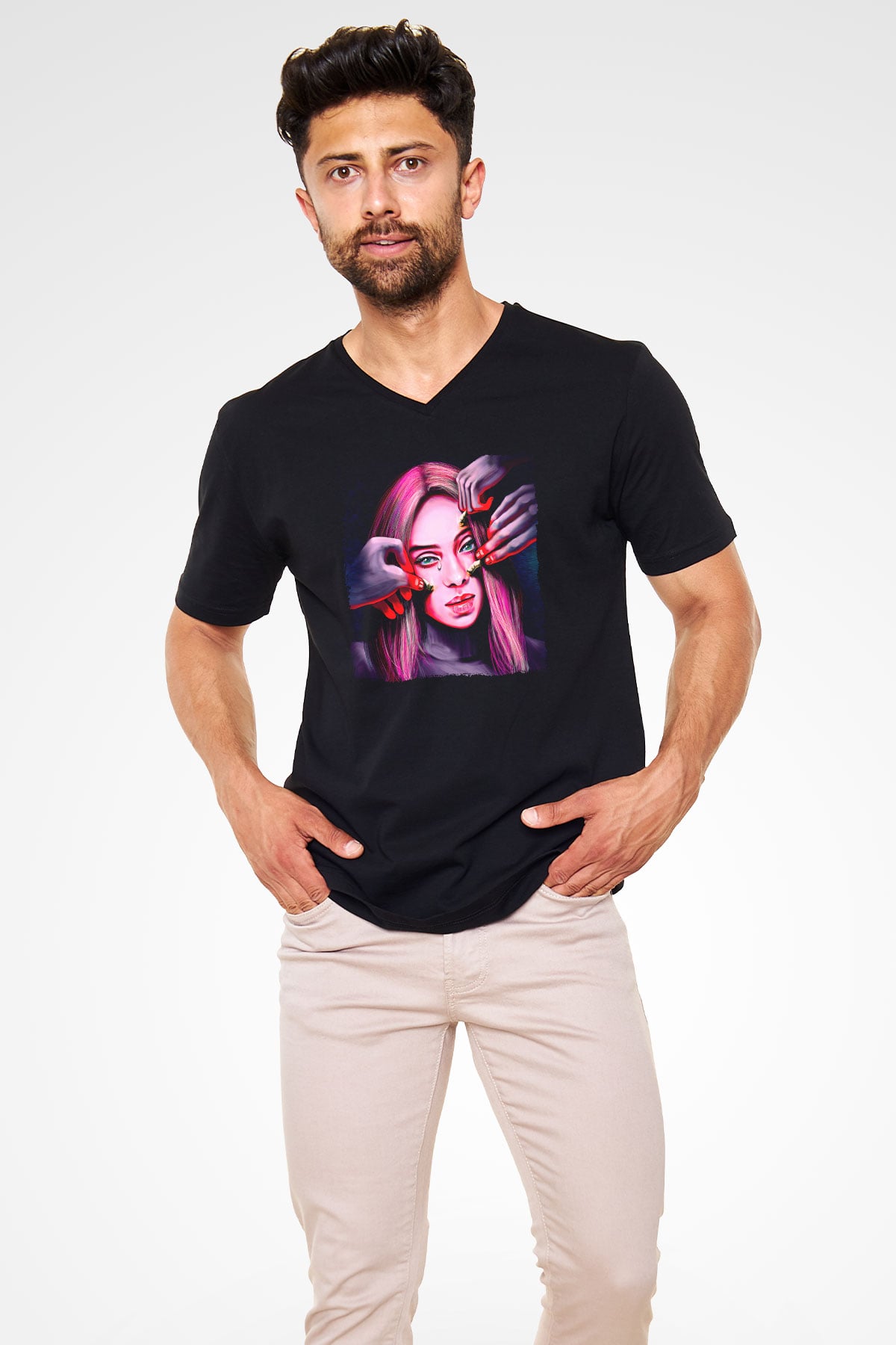 Billie Eilish Baskılı Unisex Siyah V Yaka Tişört - Tshirt