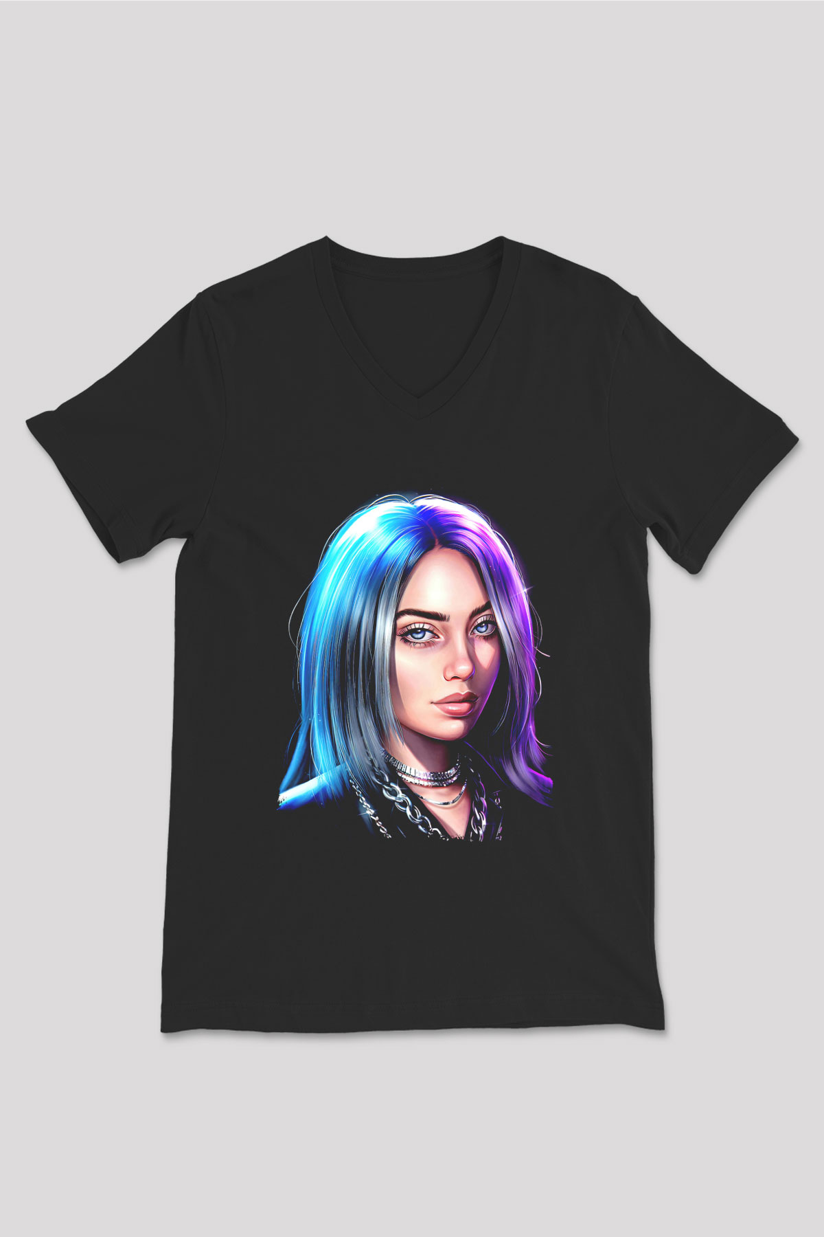 Billie Eilish Baskılı Unisex Siyah V Yaka Tişört - Tshirt