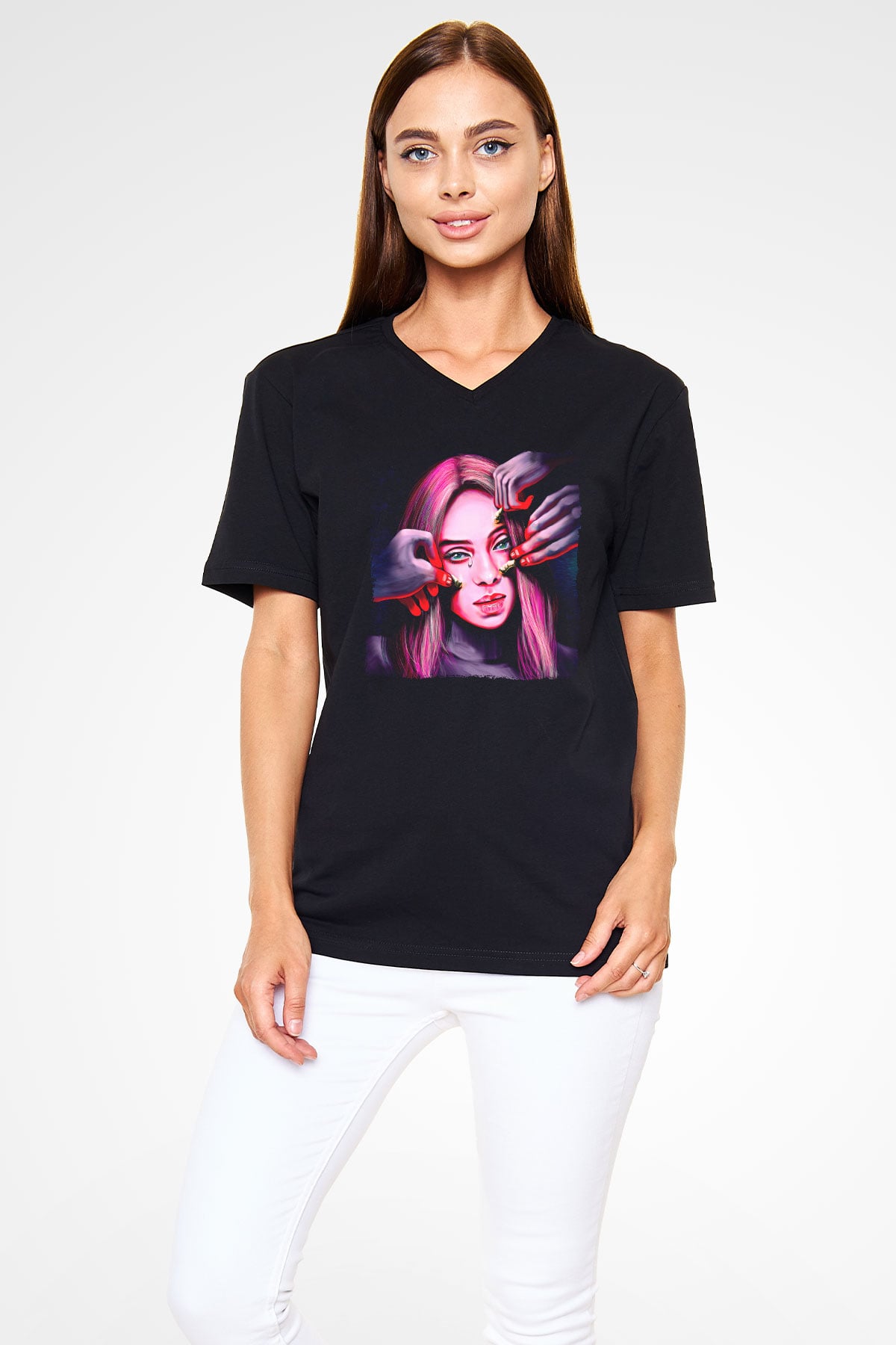 Billie Eilish Baskılı Unisex Siyah V Yaka Tişört - Tshirt