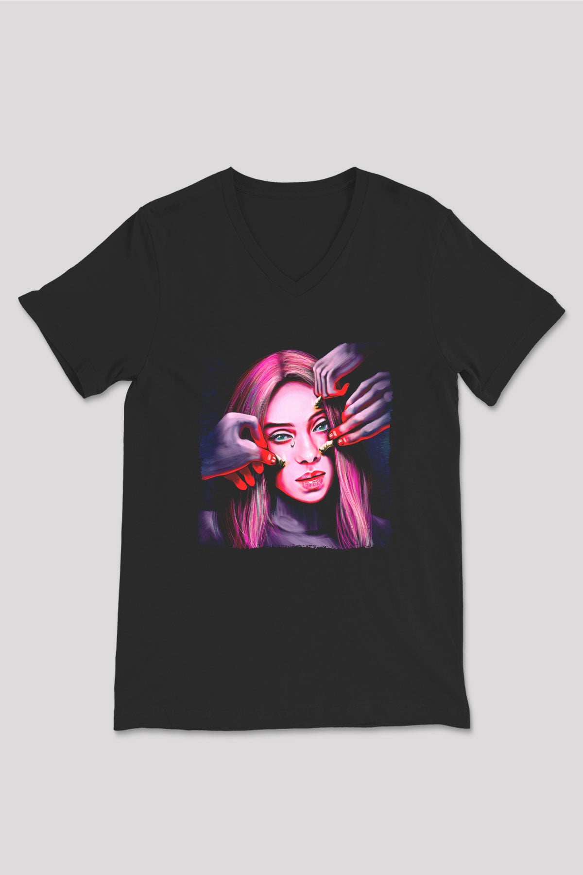 Billie Eilish Baskılı Unisex Siyah V Yaka Tişört - Tshirt