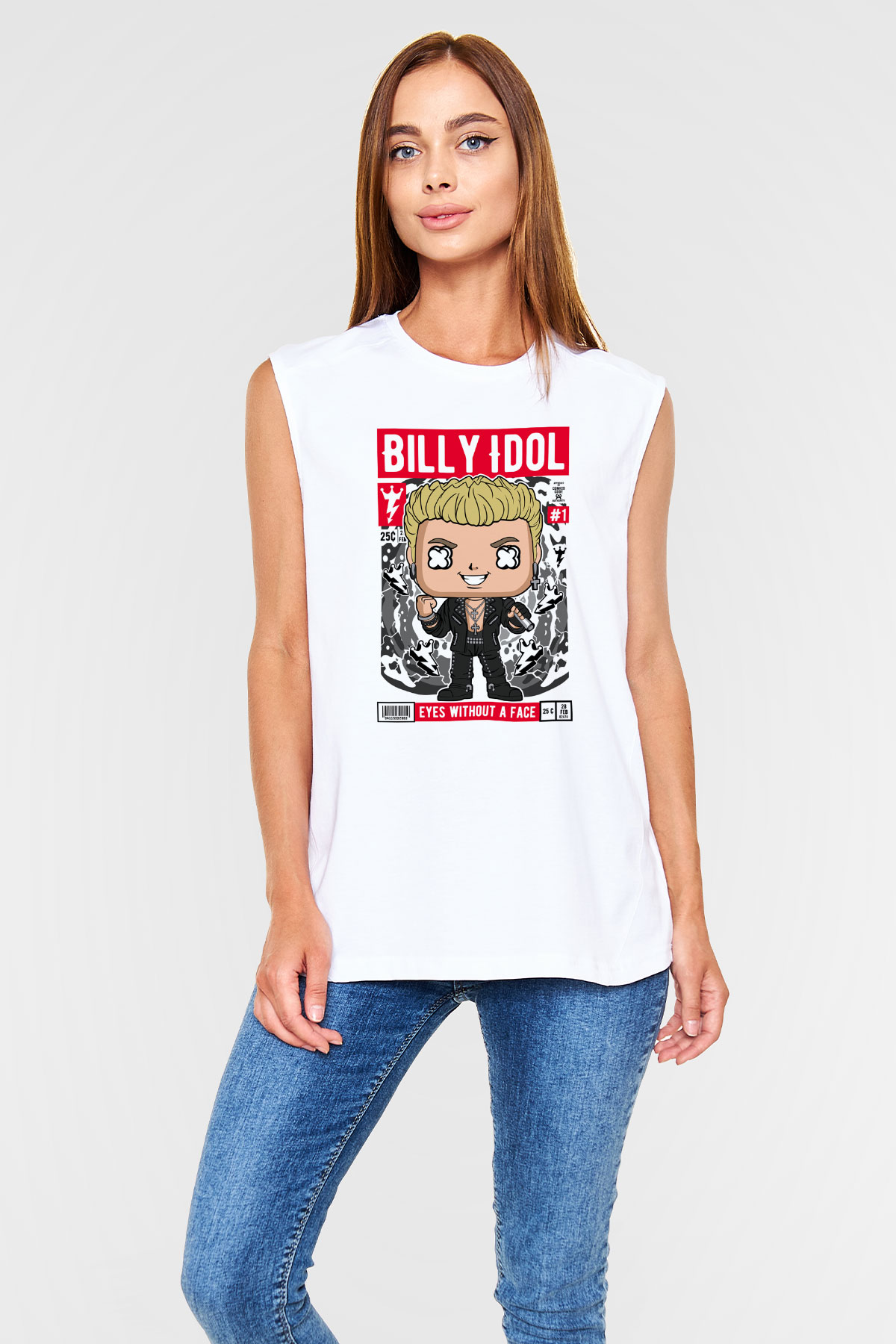 Billy Idol Baskılı Unisex Beyaz Kolsuz Tişört